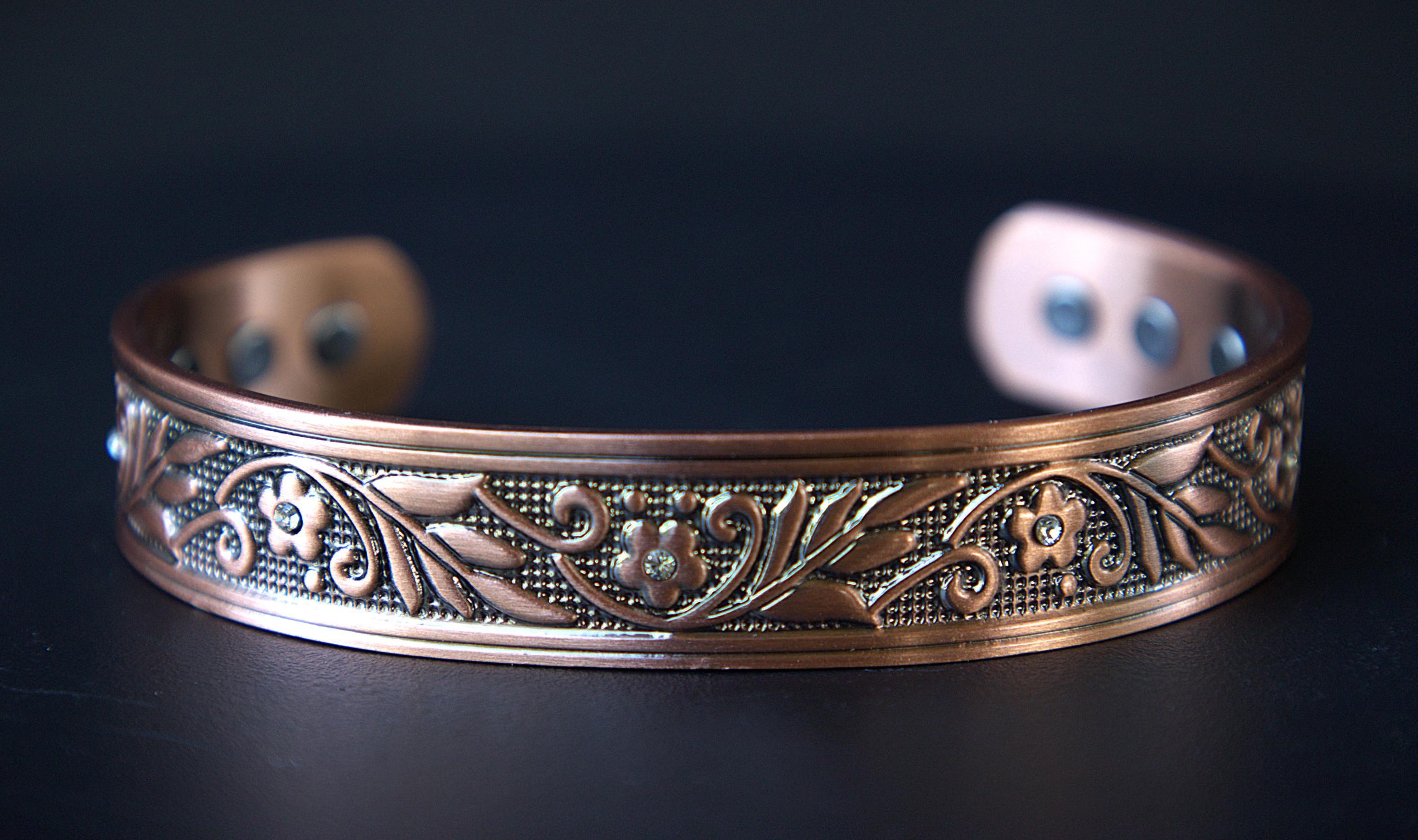 Handcrafted Magnetic Copper Cuff Bracelet, Whispering Vines, Cubic Zirconia Accents