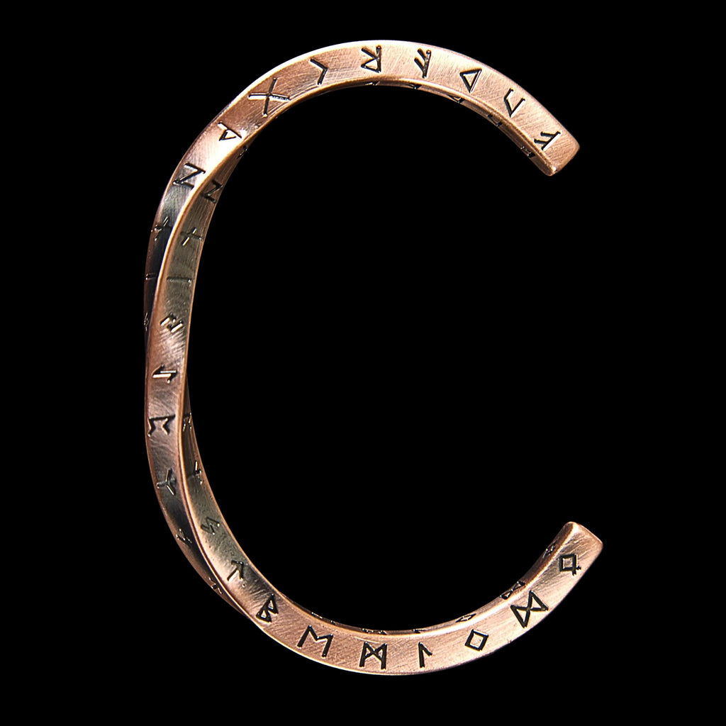 Viking Twist Cuff Bracelet: Stainless Steel, Copper Nordic Runes, Handmade Finish