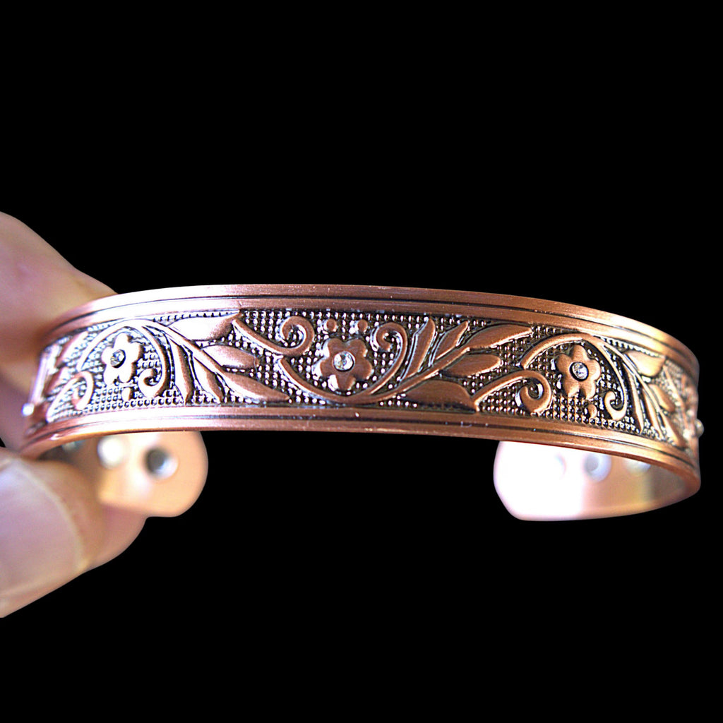 Handcrafted Magnetic Copper Cuff Bracelet, Whispering Vines, Cubic Zirconia Accents