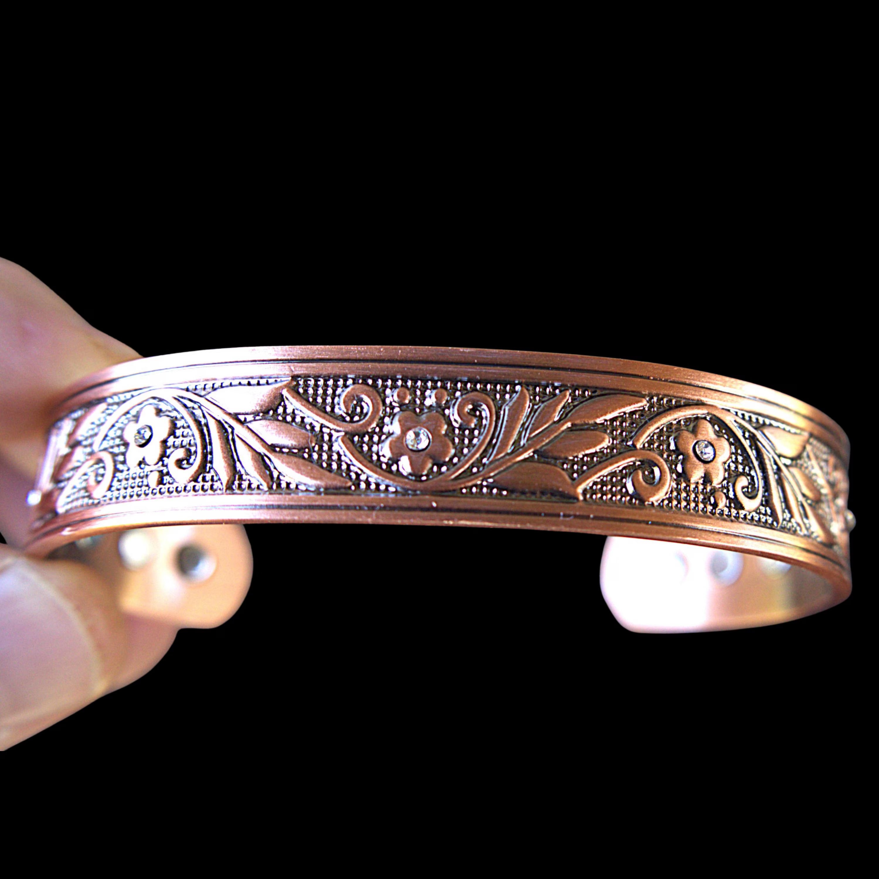 Handcrafted Magnetic Copper Cuff Bracelet, Whispering Vines, Cubic Zirconia Accents