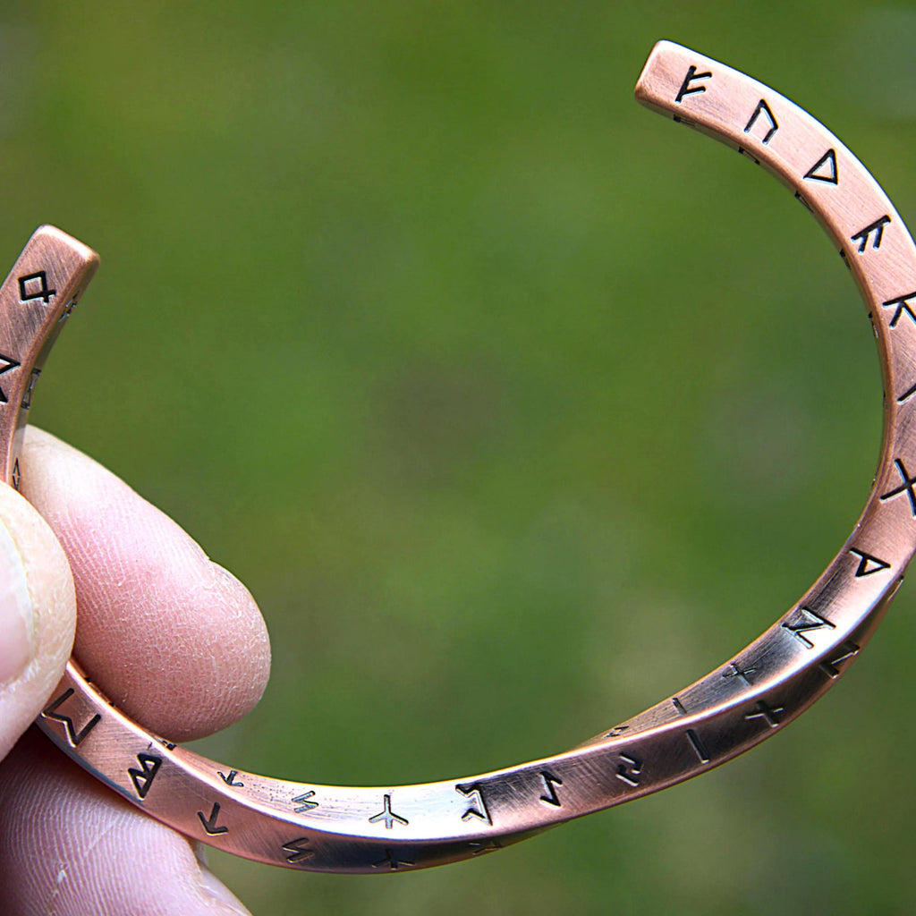 Viking Twist Cuff Bracelet: Stainless Steel, Copper Nordic Runes, Handmade Finish