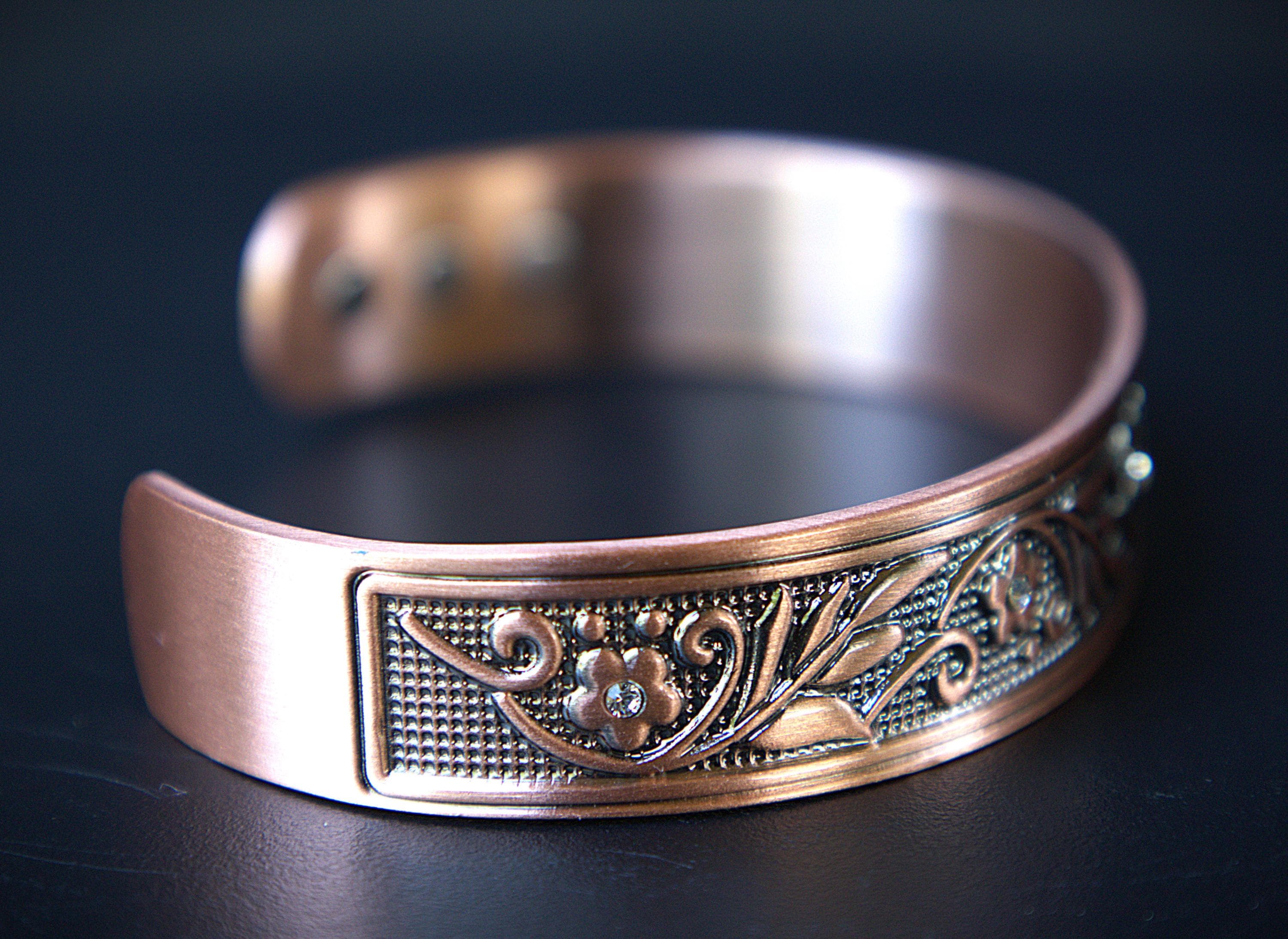 Handcrafted Magnetic Copper Cuff Bracelet, Whispering Vines, Cubic Zirconia Accents