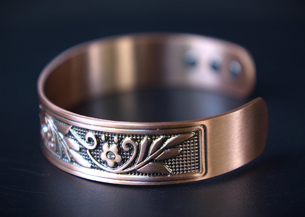 Handcrafted Magnetic Copper Cuff Bracelet, Whispering Vines, Cubic Zirconia Accents