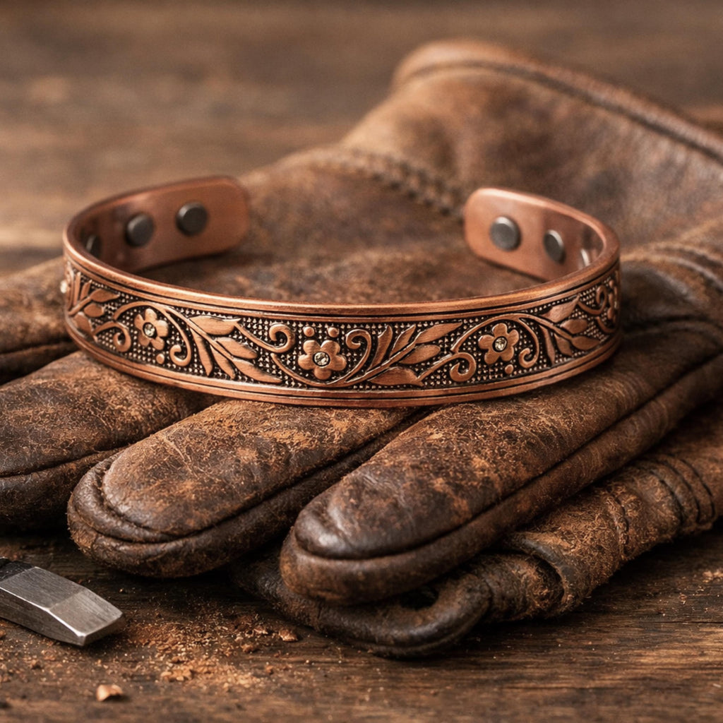 Handcrafted Magnetic Copper Cuff Bracelet, Whispering Vines, Cubic Zirconia Accents