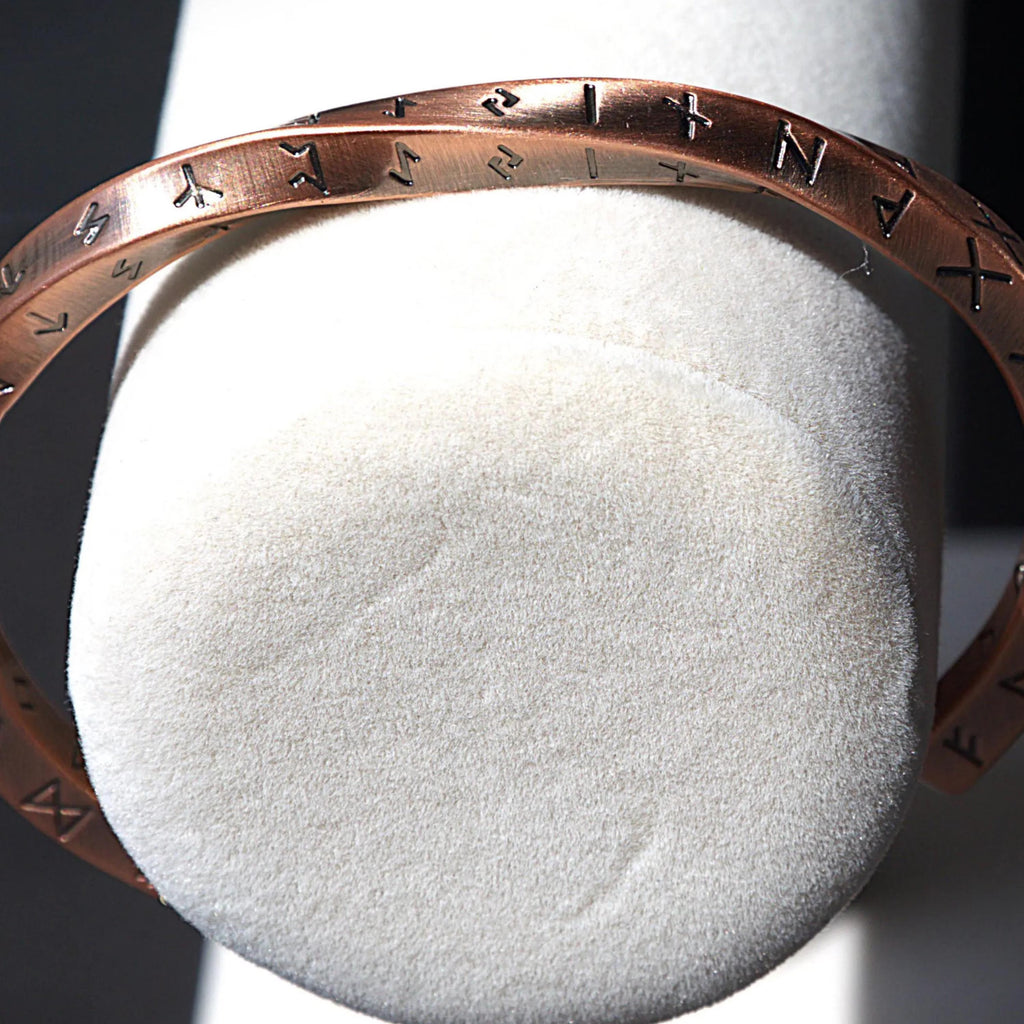 Viking Twist Cuff Bracelet: Stainless Steel, Copper Nordic Runes, Handmade Finish