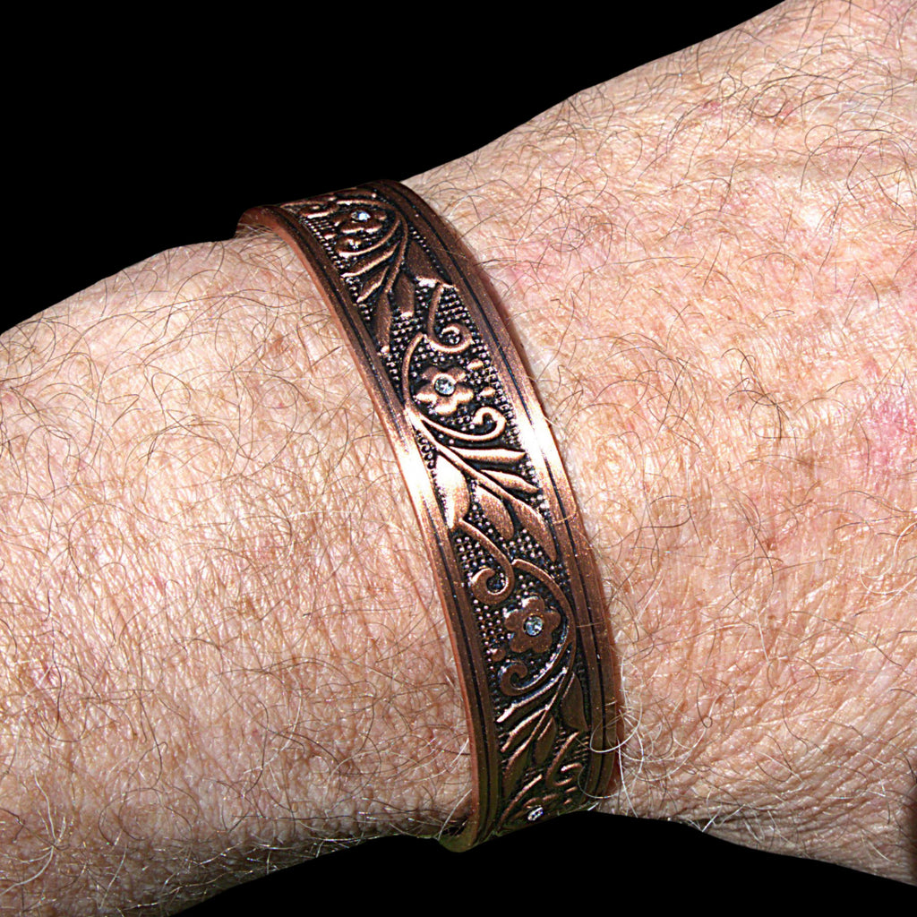Handcrafted Magnetic Copper Cuff Bracelet, Whispering Vines, Cubic Zirconia Accents