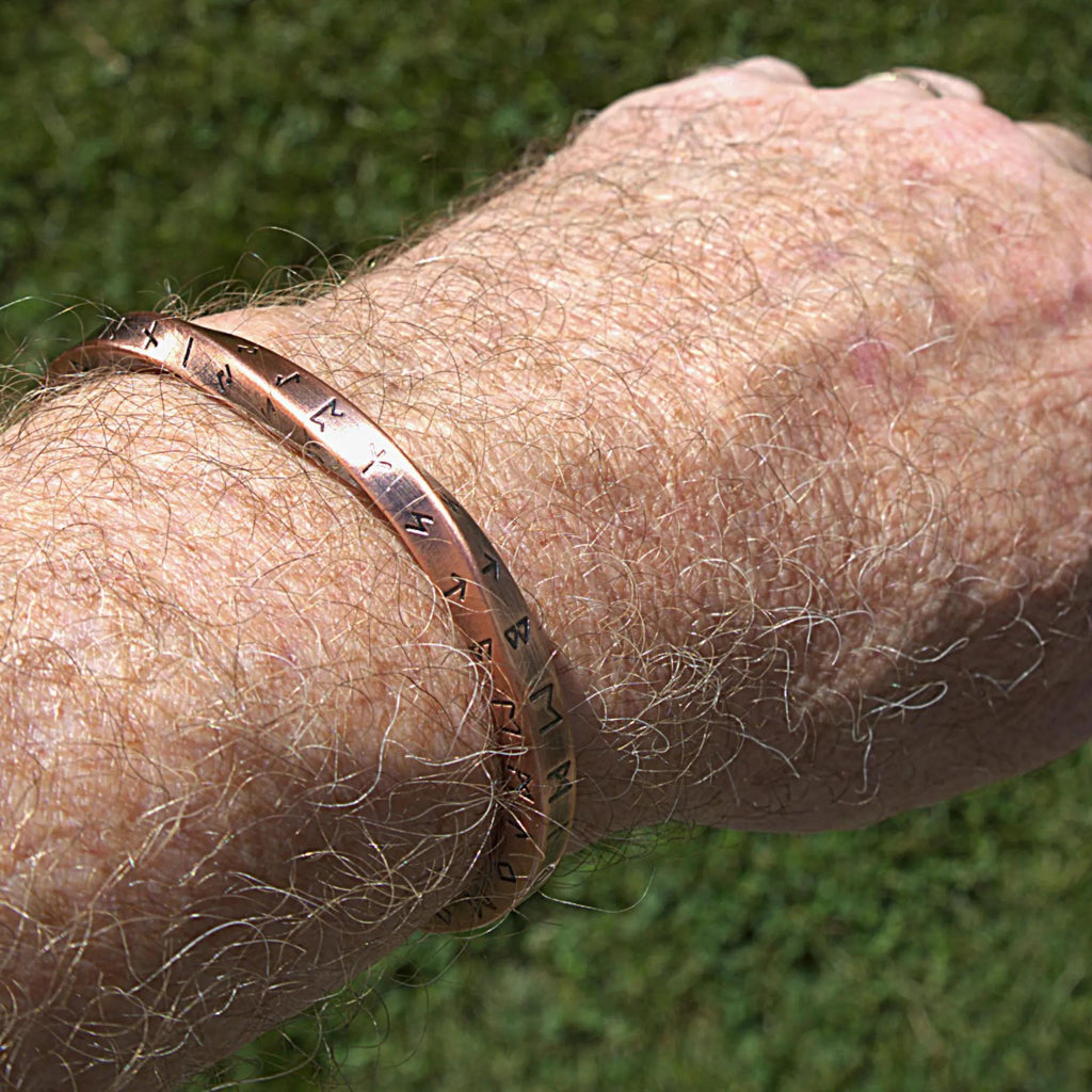 Viking Twist Cuff Bracelet: Stainless Steel, Copper Nordic Runes, Handmade Finish