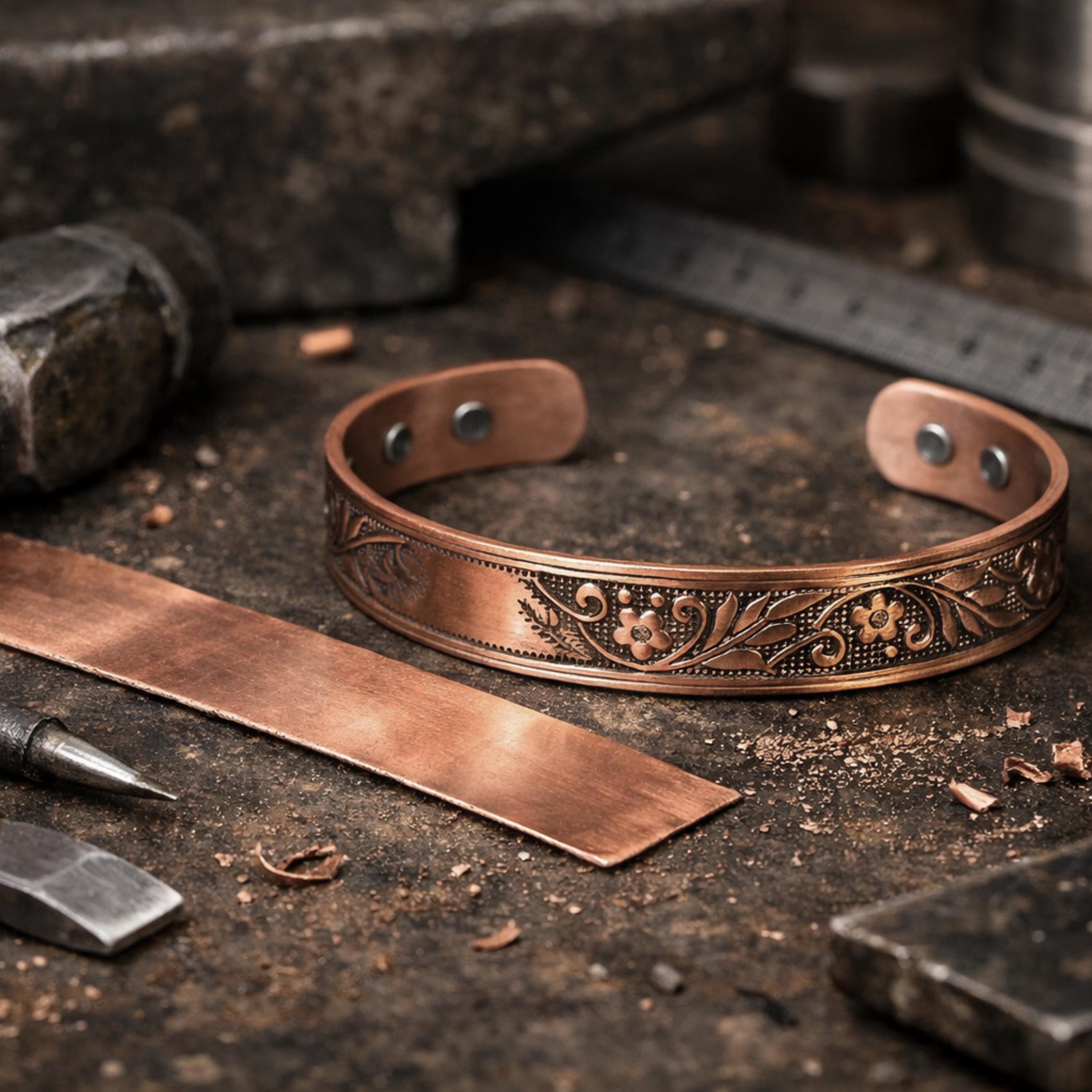 Handcrafted Magnetic Copper Cuff Bracelet, Whispering Vines, Cubic Zirconia Accents