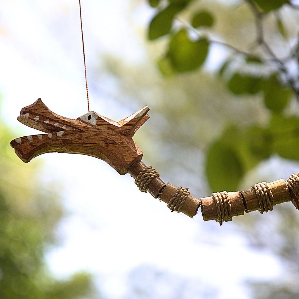 Handcrafted Animated Dragon Bamboo Wind Chime, Rustic Fantasy Garden Decor