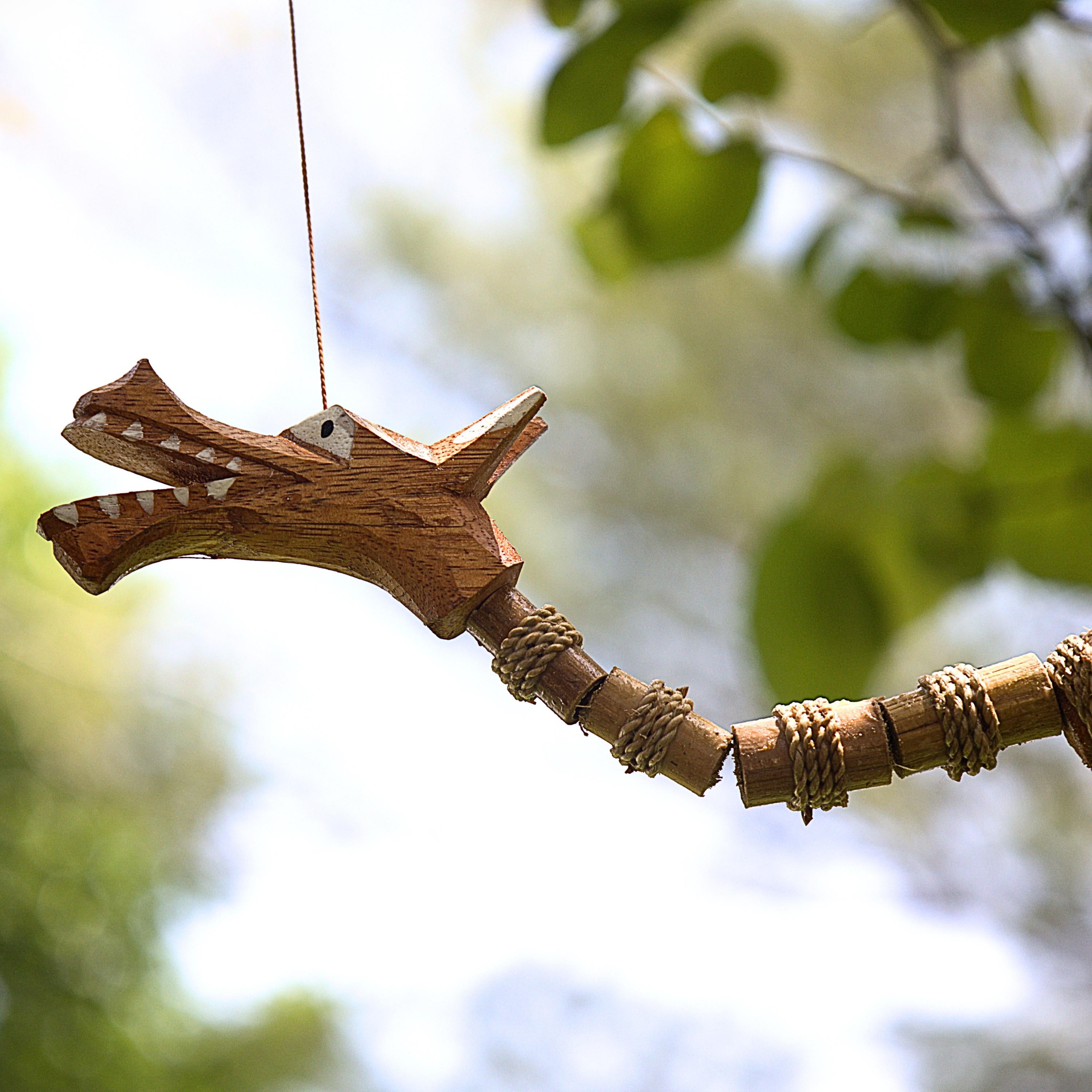 Handcrafted Animated Dragon Bamboo Wind Chime, Rustic Fantasy Garden Decor