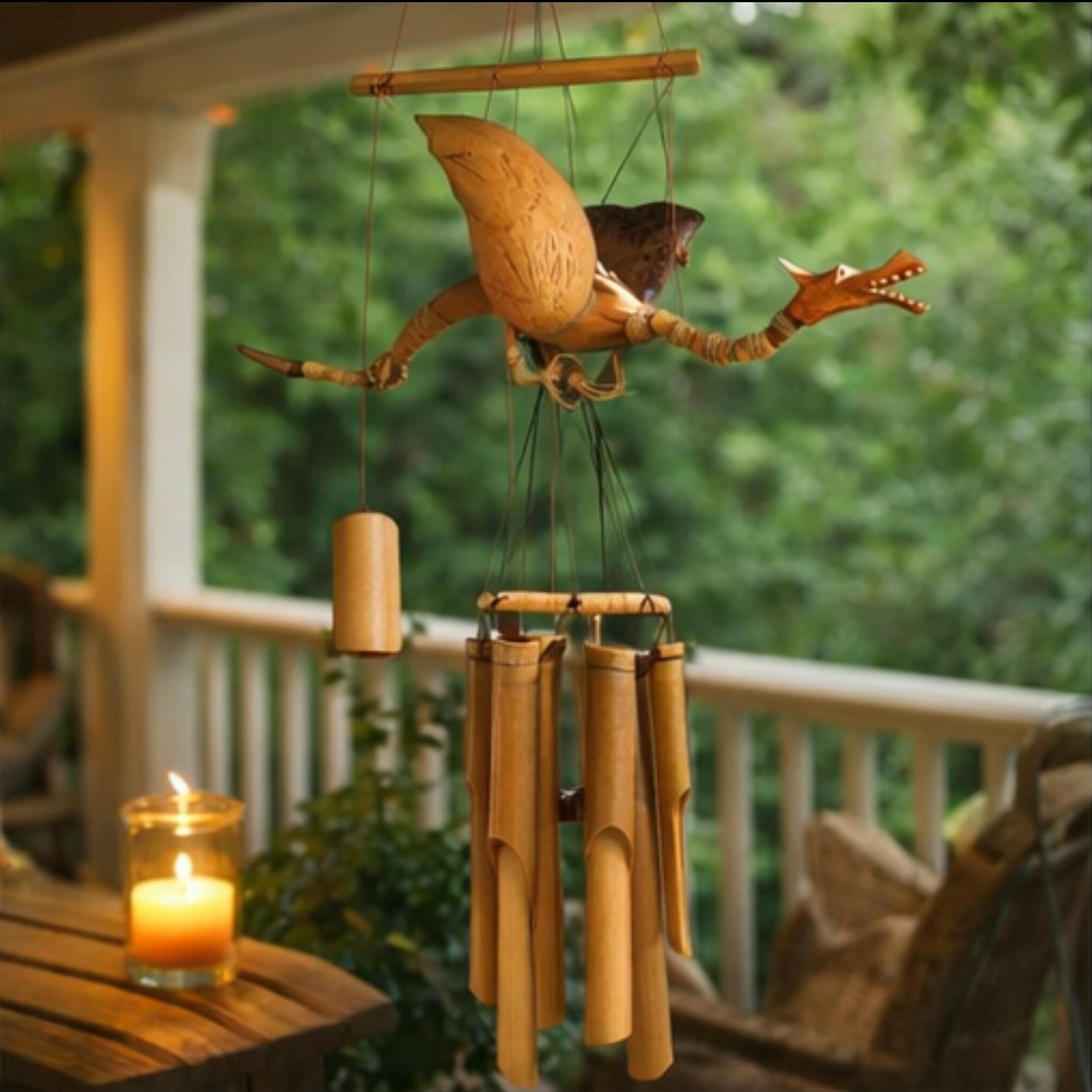 Handcrafted Animated Dragon Bamboo Wind Chime, Rustic Fantasy Garden Decor