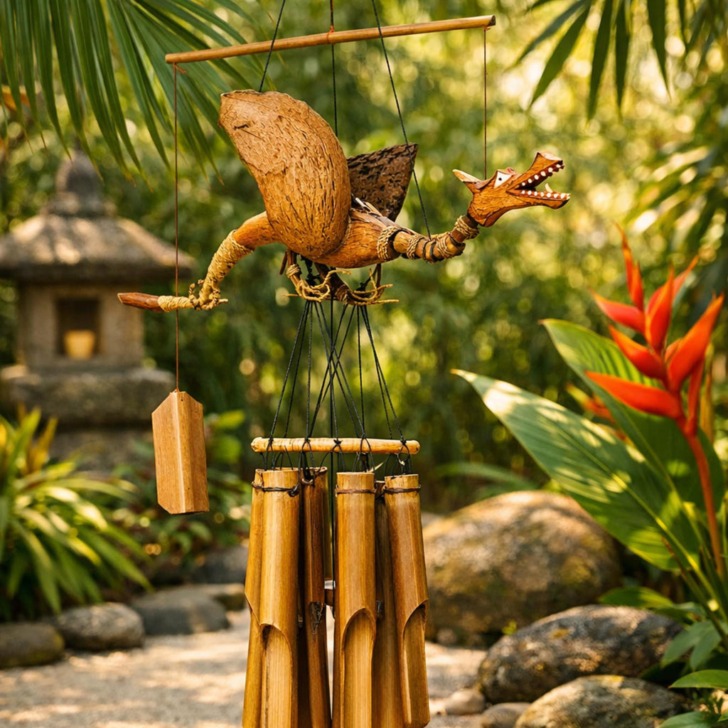 Handcrafted Animated Dragon Bamboo Wind Chime, Rustic Fantasy Garden Decor