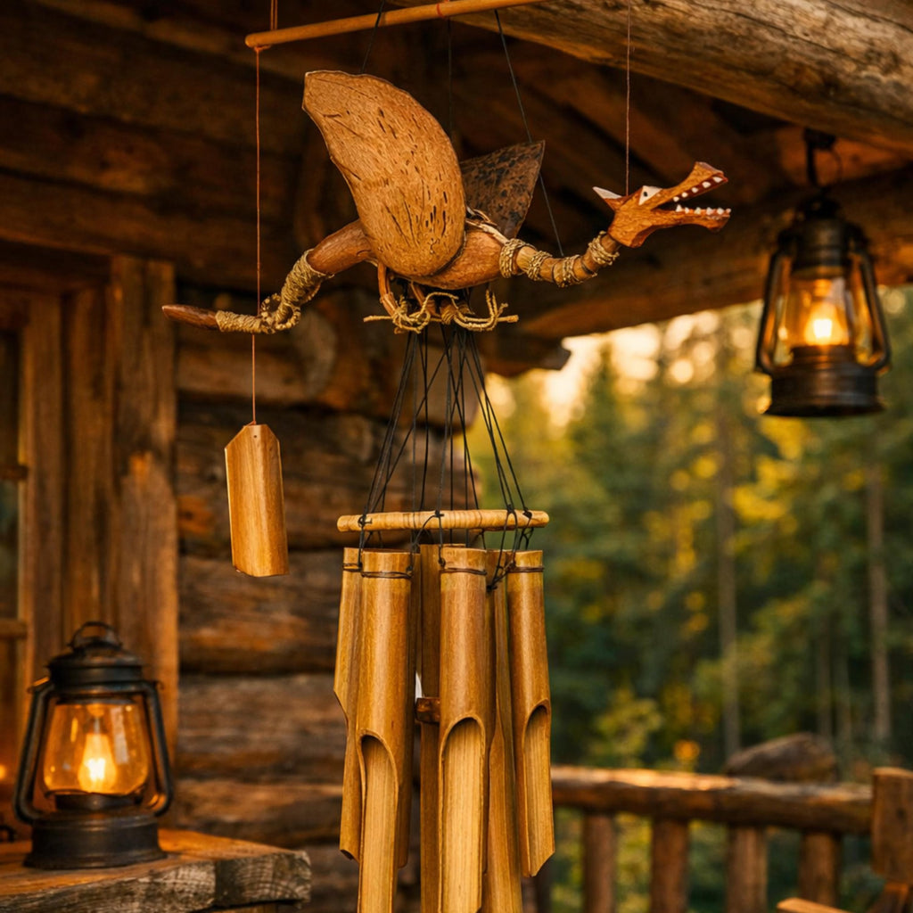 Handcrafted Animated Dragon Bamboo Wind Chime, Rustic Fantasy Garden Decor