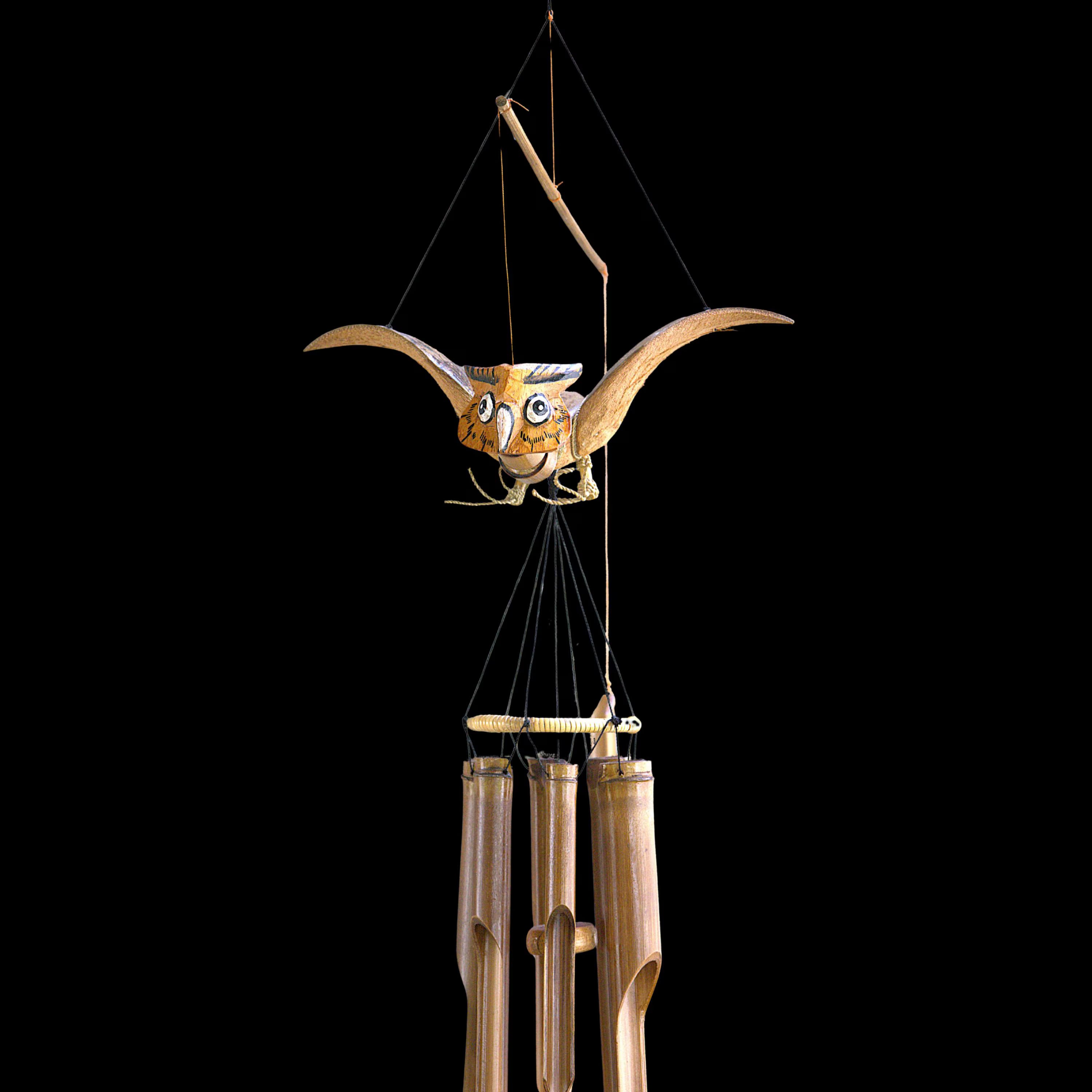 Handcrafted Animated Owl Bamboo Wind Chime | Rustic Outdoor Garden Decor