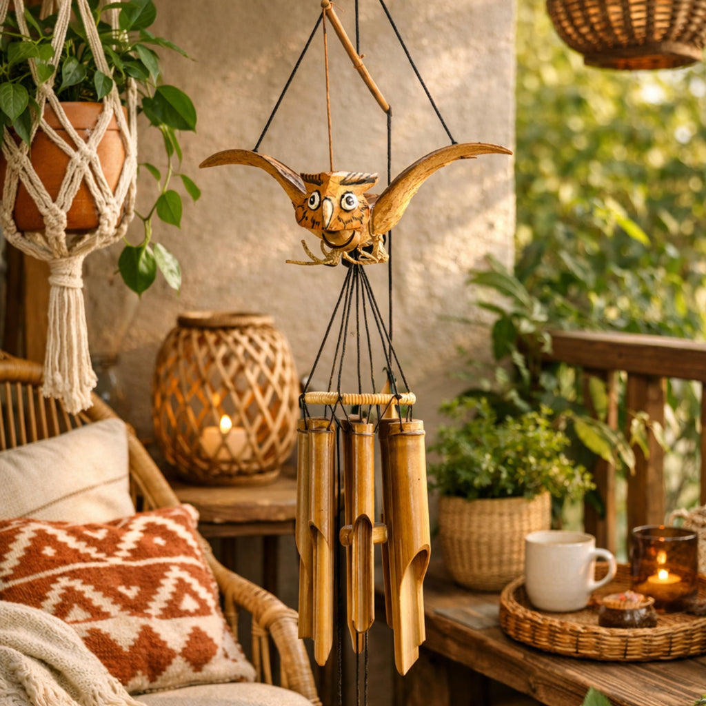 Handcrafted Animated Owl Bamboo Wind Chime | Rustic Outdoor Garden Decor