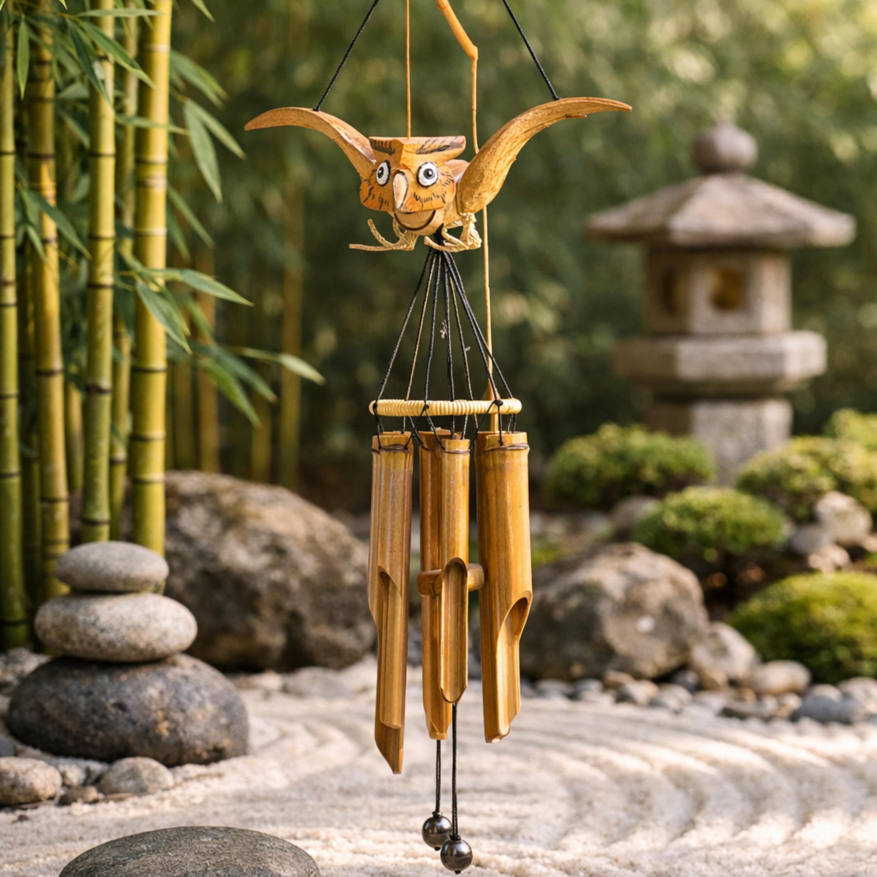 Handcrafted Animated Owl Bamboo Wind Chime | Rustic Outdoor Garden Decor