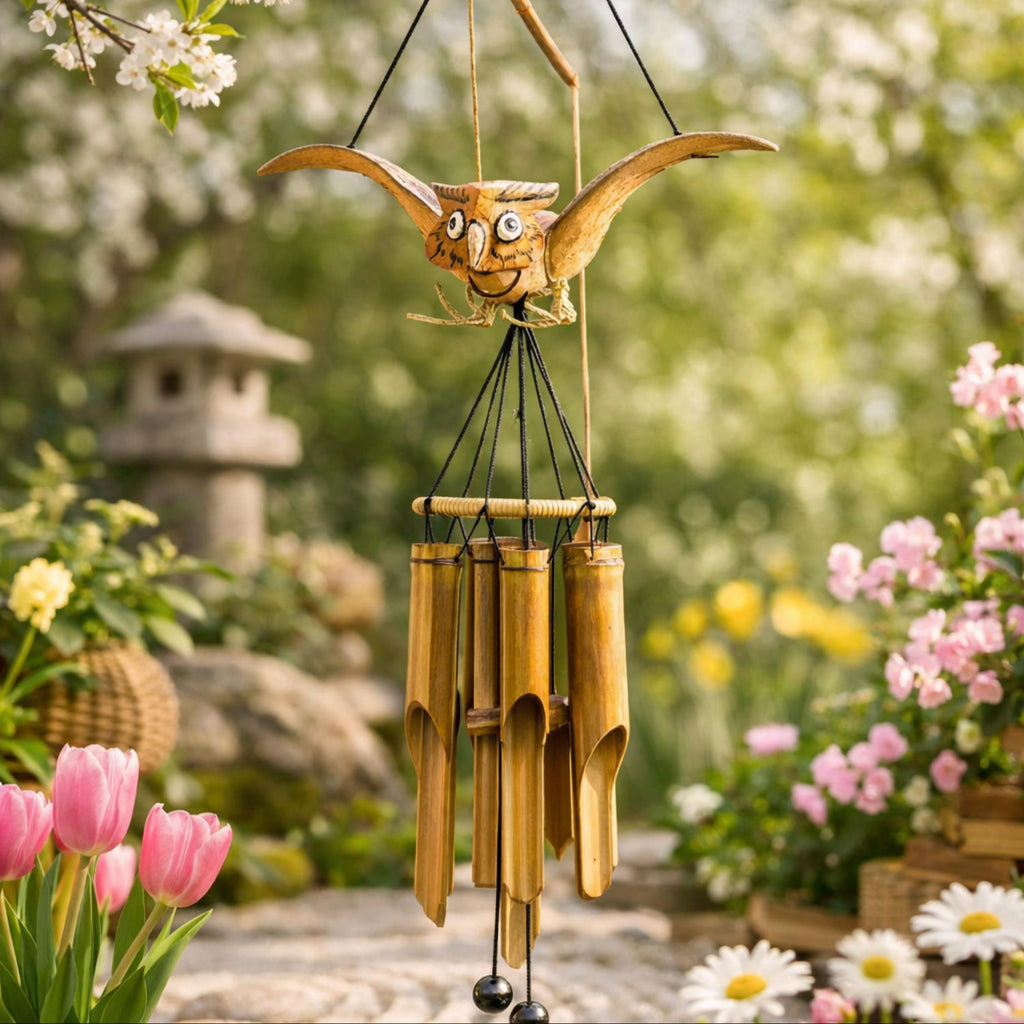 Handcrafted Animated Owl Bamboo Wind Chime | Rustic Outdoor Garden Decor
