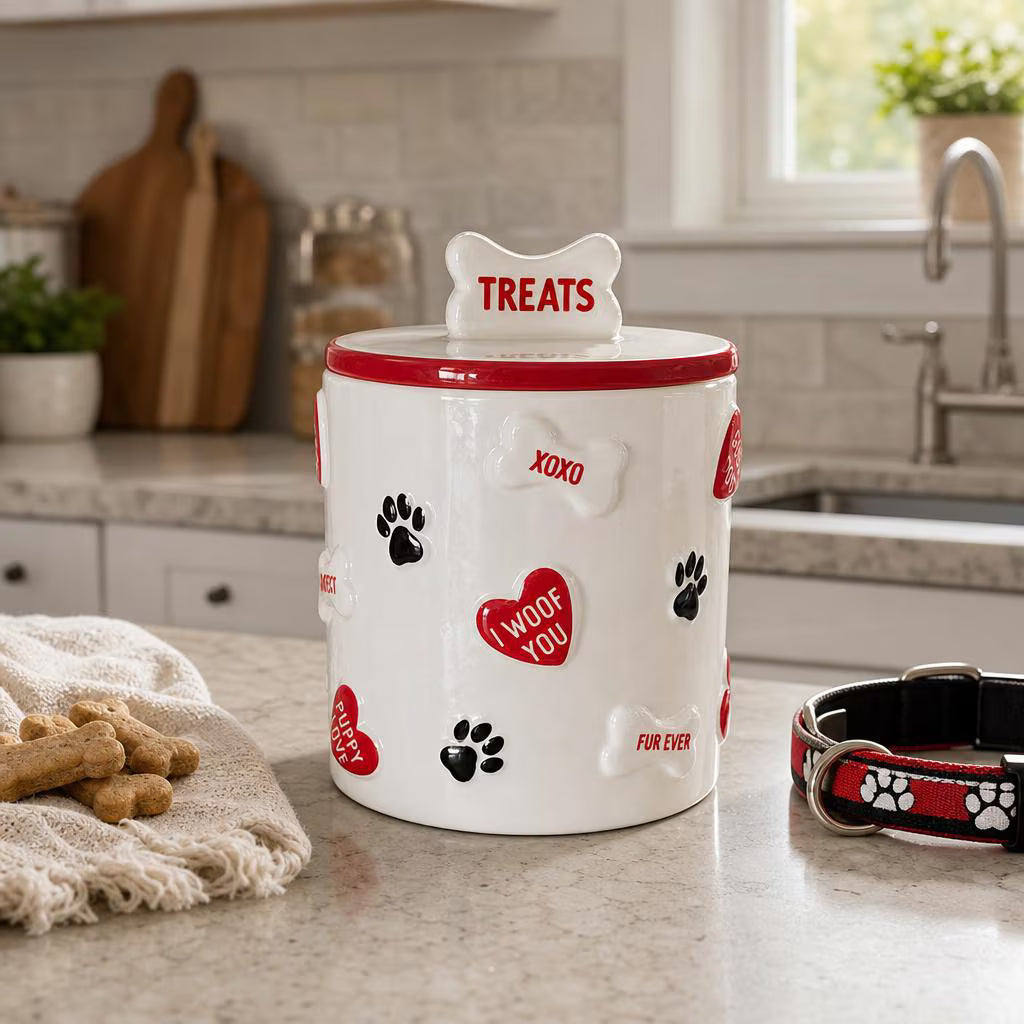 Vintage Ceramic Dog Treat Jar | Paw Prints, Hearts, Bones, Farmhouse Pet Storage