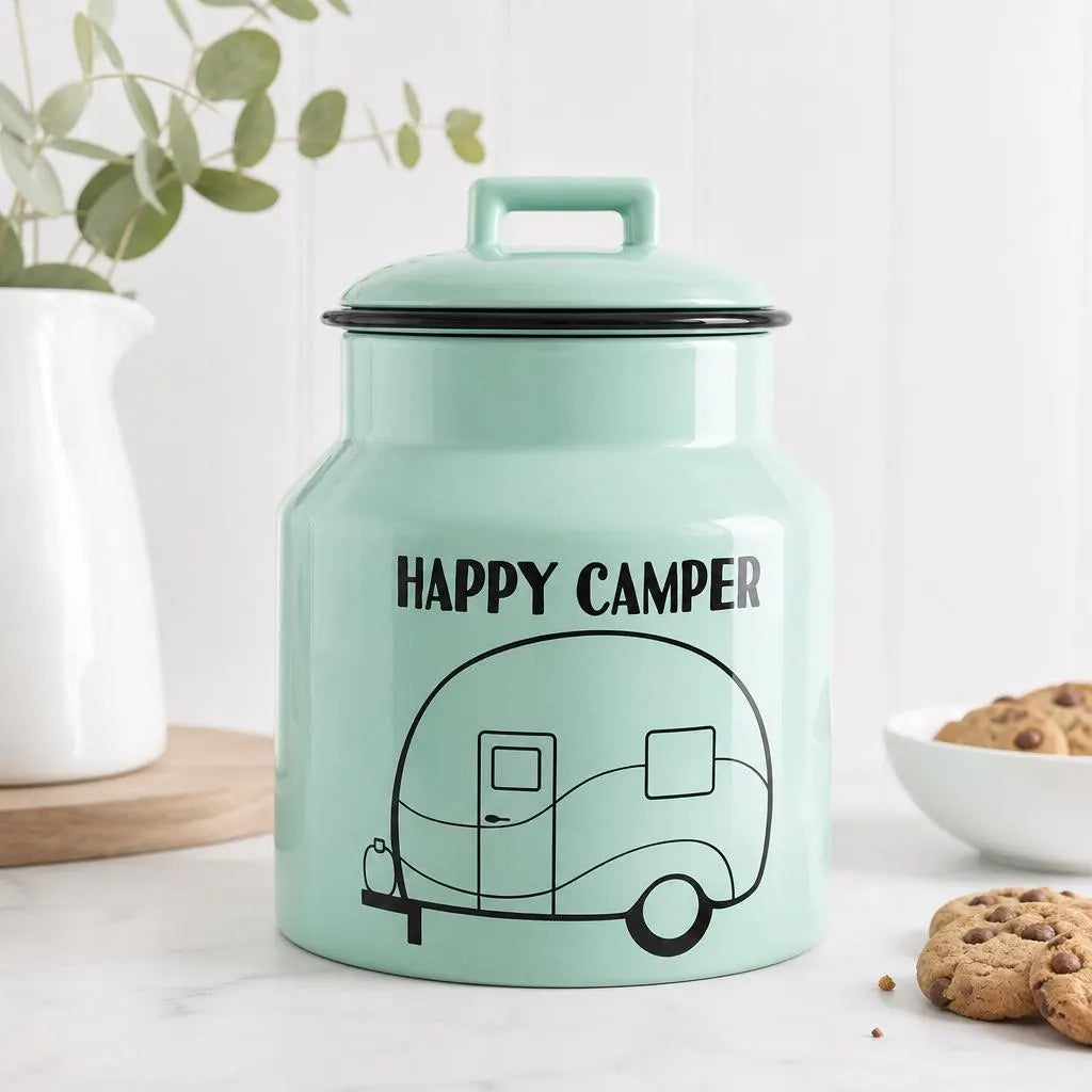 Happy Camper Ceramic Cookie Jar, Rustic Kitchen Storage, Campfire Treat Canister