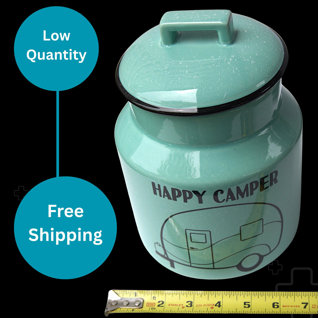Happy Camper Ceramic Cookie Jar, Rustic Kitchen Storage, Campfire Treat Canister