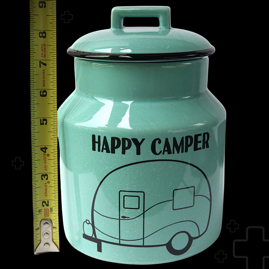 Happy Camper Ceramic Cookie Jar, Rustic Kitchen Storage, Campfire Treat Canister