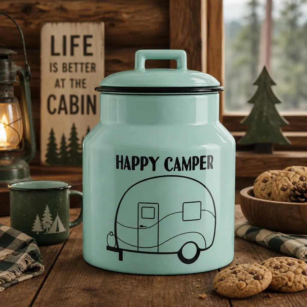 Happy Camper Ceramic Cookie Jar, Rustic Kitchen Storage, Campfire Treat Canister