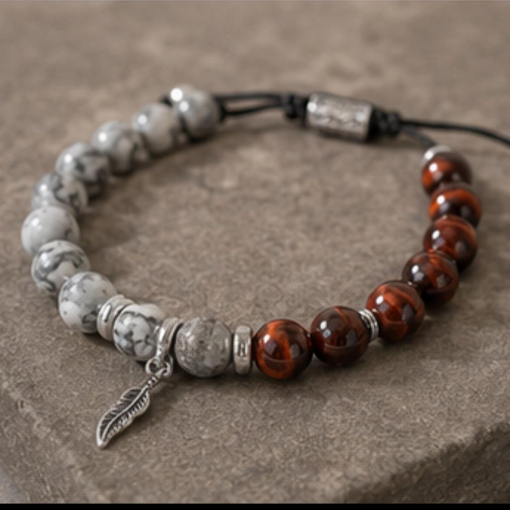 Red Tiger Eye Jasper Feather Bracelet | Adjustable Gemstone Beaded Jewelry | Boho Spiritual Accessory