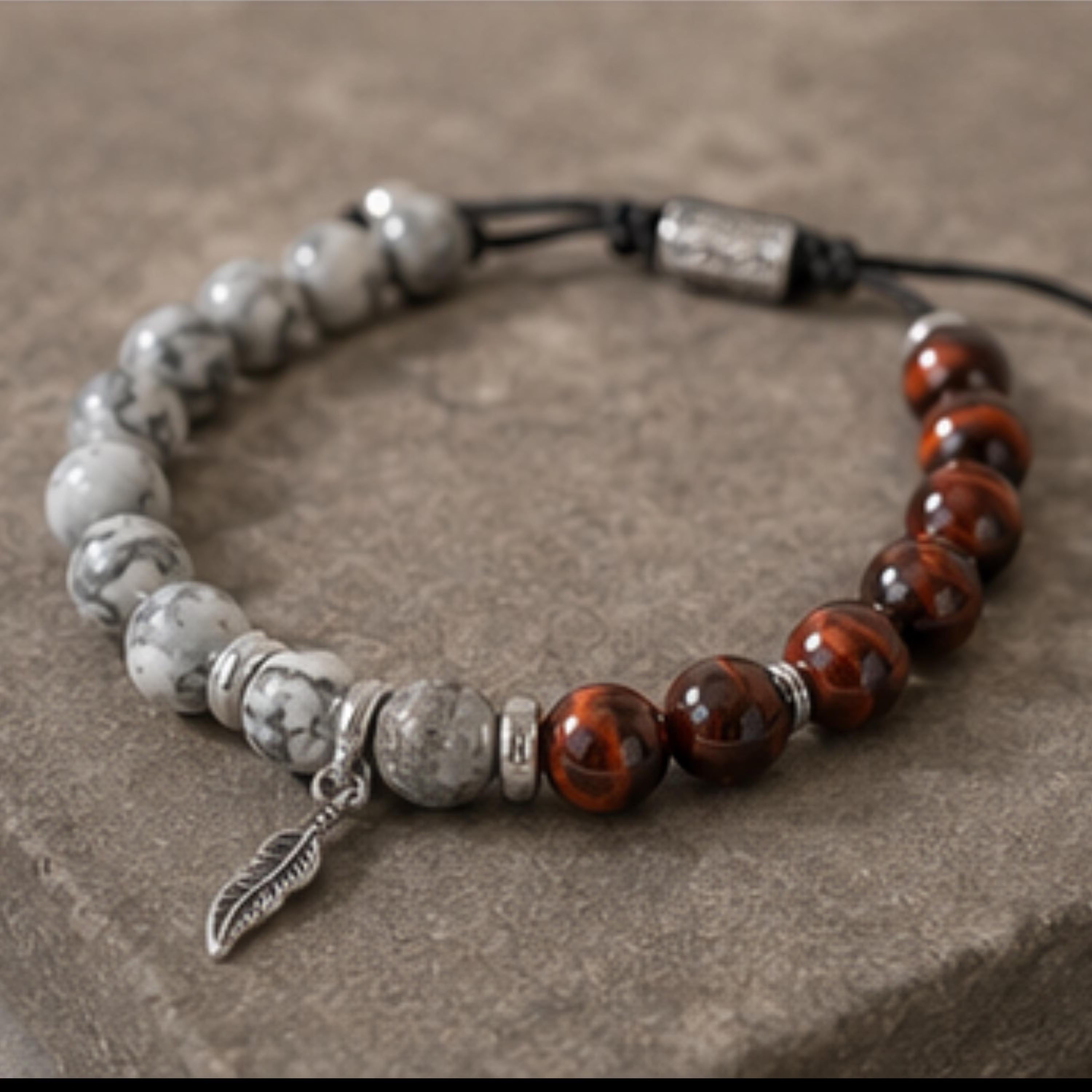 Red Tiger Eye Jasper Feather Bracelet | Adjustable Gemstone Beaded Jewelry | Boho Spiritual Accessory