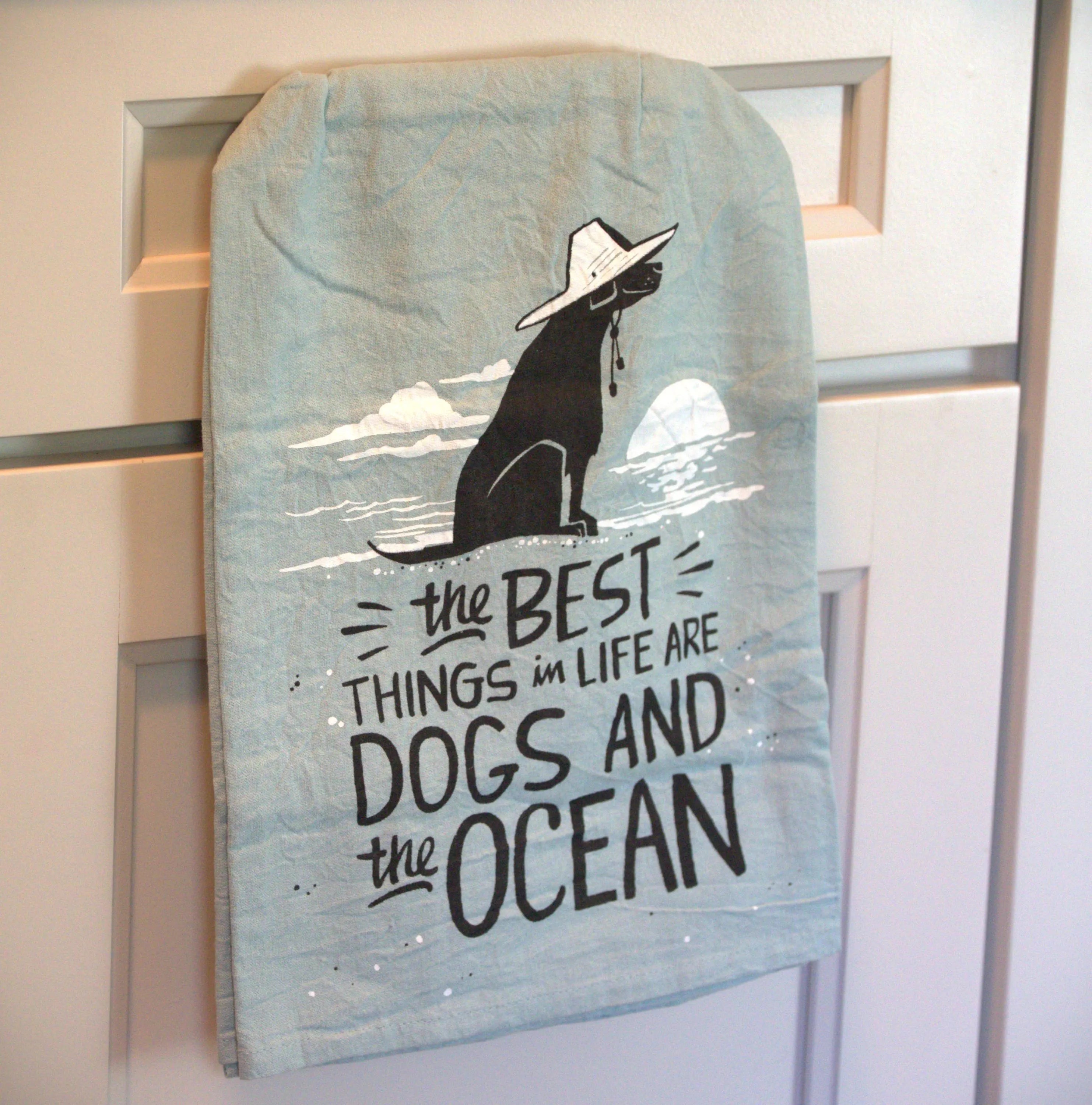Funny Dog & Ocean Kitchen Towels: Coastal Beach House Decor