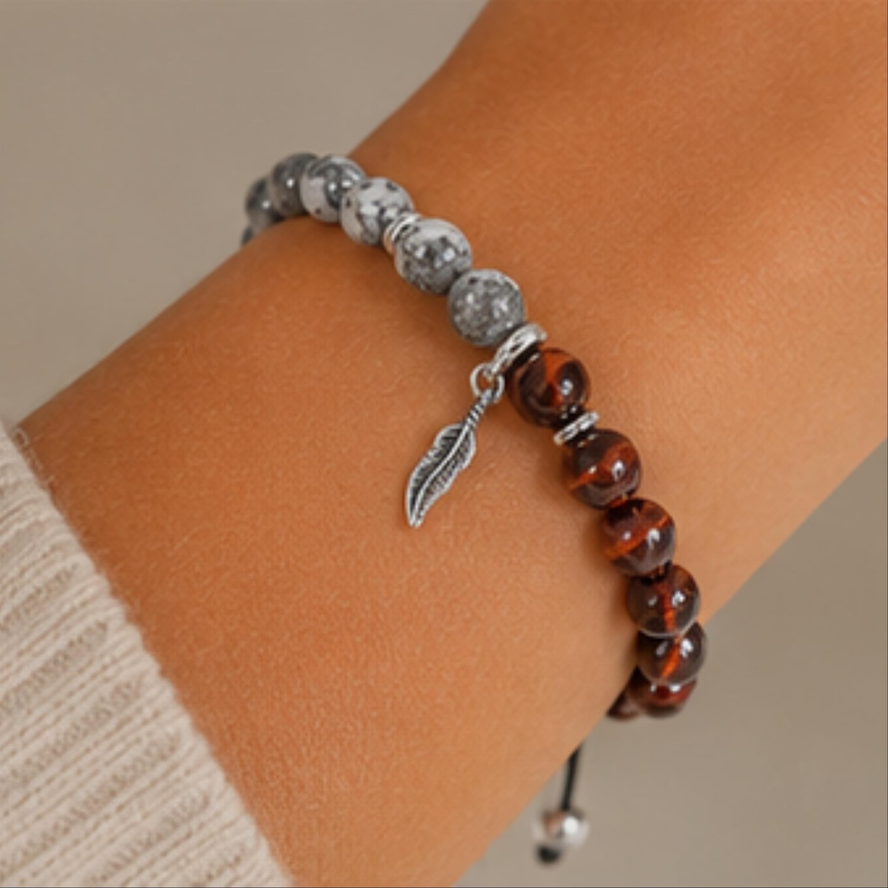 Red Tiger Eye Jasper Feather Bracelet | Adjustable Gemstone Beaded Jewelry | Boho Spiritual Accessory