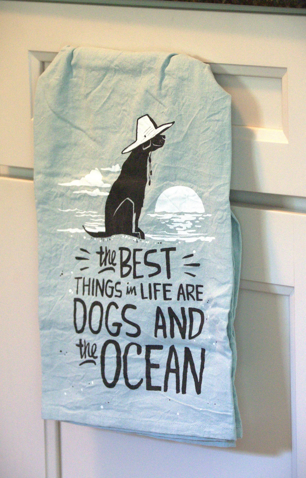 Funny Dog & Ocean Kitchen Towels: Coastal Beach House Decor