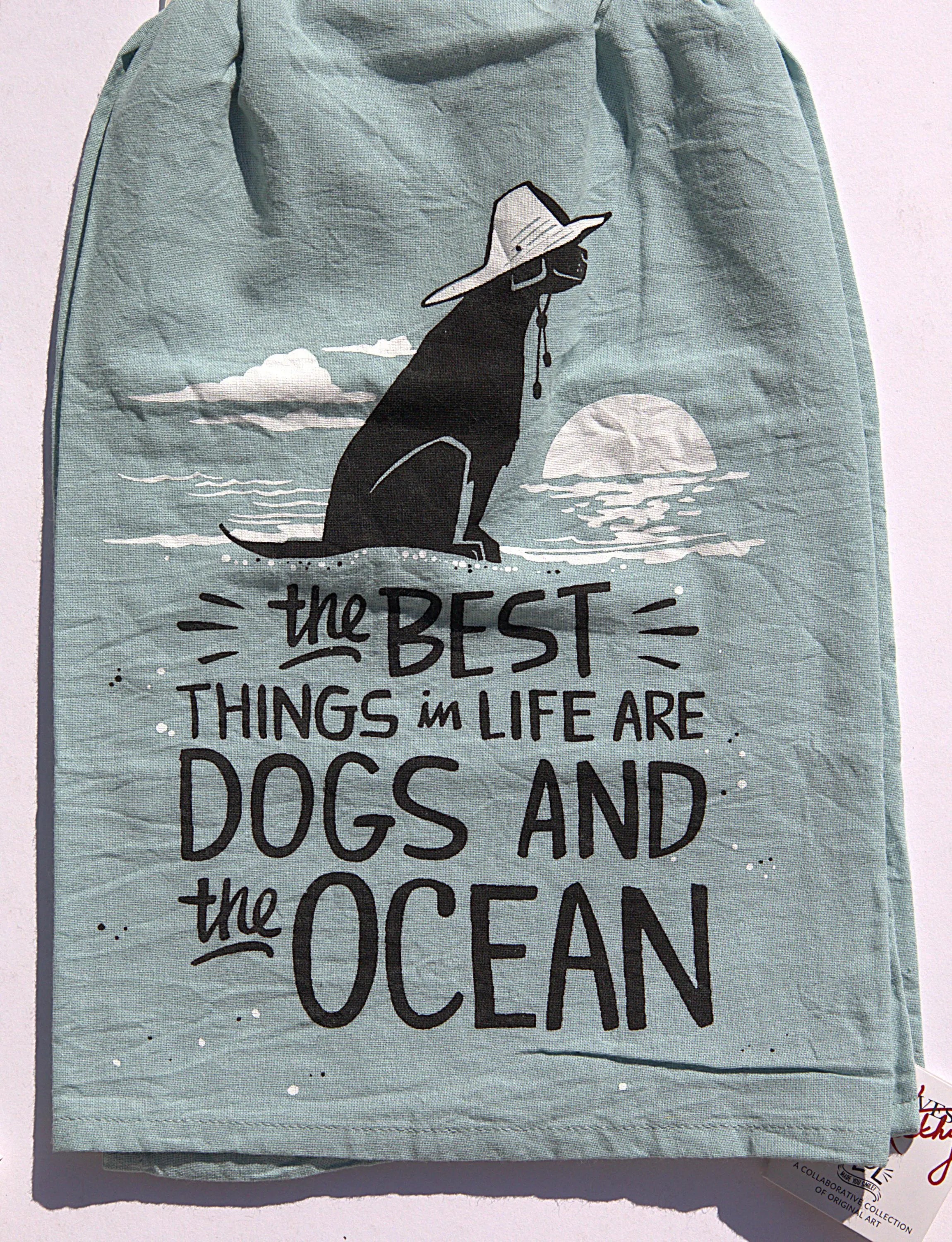 Funny Dog & Ocean Kitchen Towels: Coastal Beach House Decor