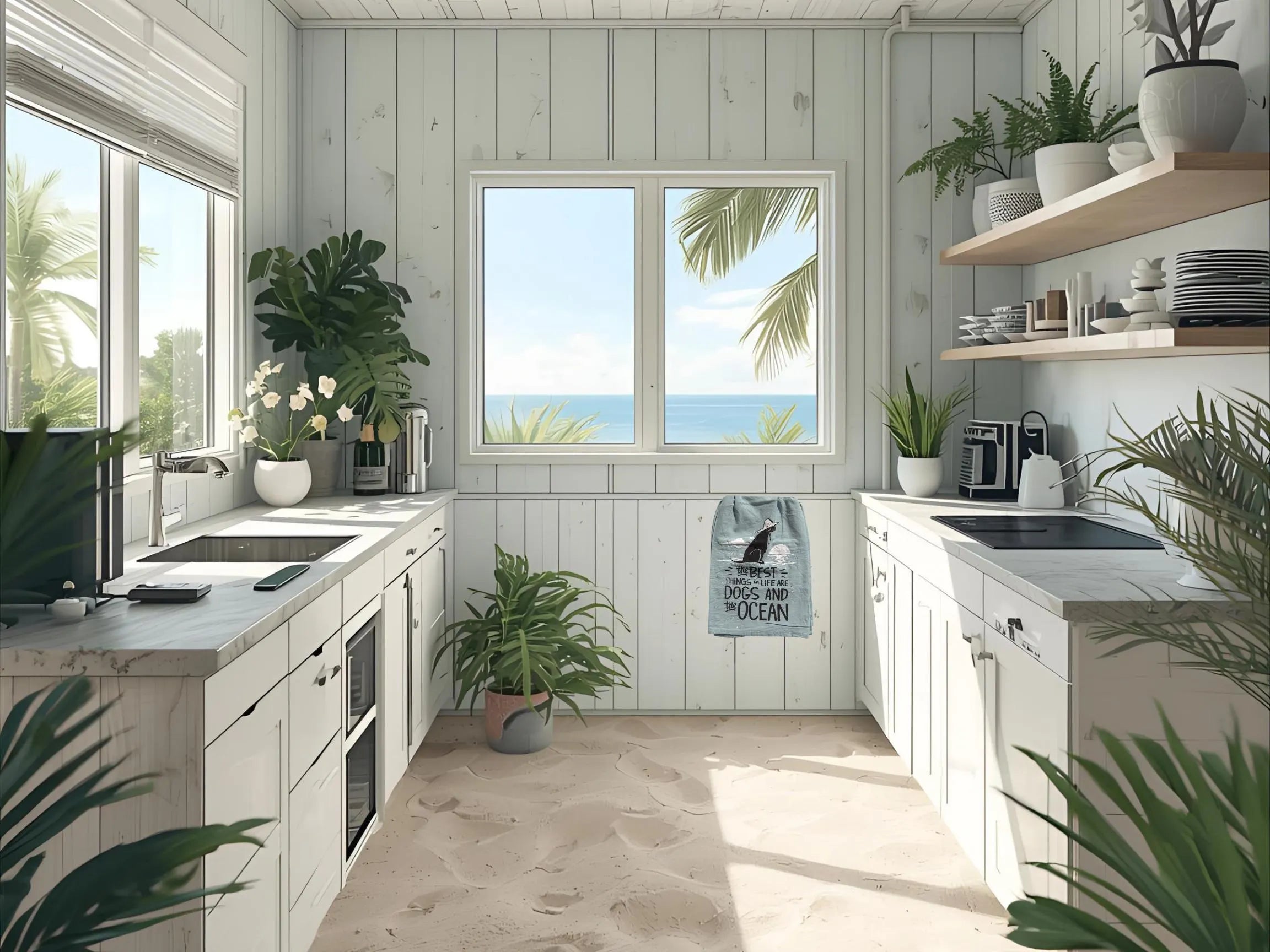 Funny Dog & Ocean Kitchen Towels: Coastal Beach House Decor