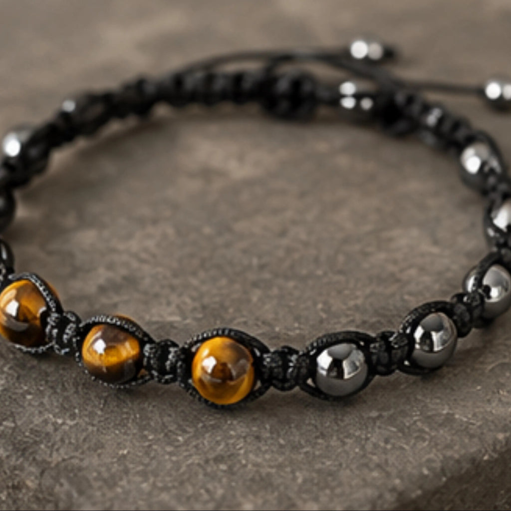 Tiger Eye Hematite Beaded Bracelet | Adjustable Natural Gemstone Protection Jewelry