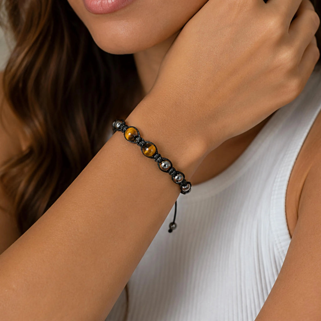 Tiger Eye Hematite Beaded Bracelet | Adjustable Natural Gemstone Protection Jewelry