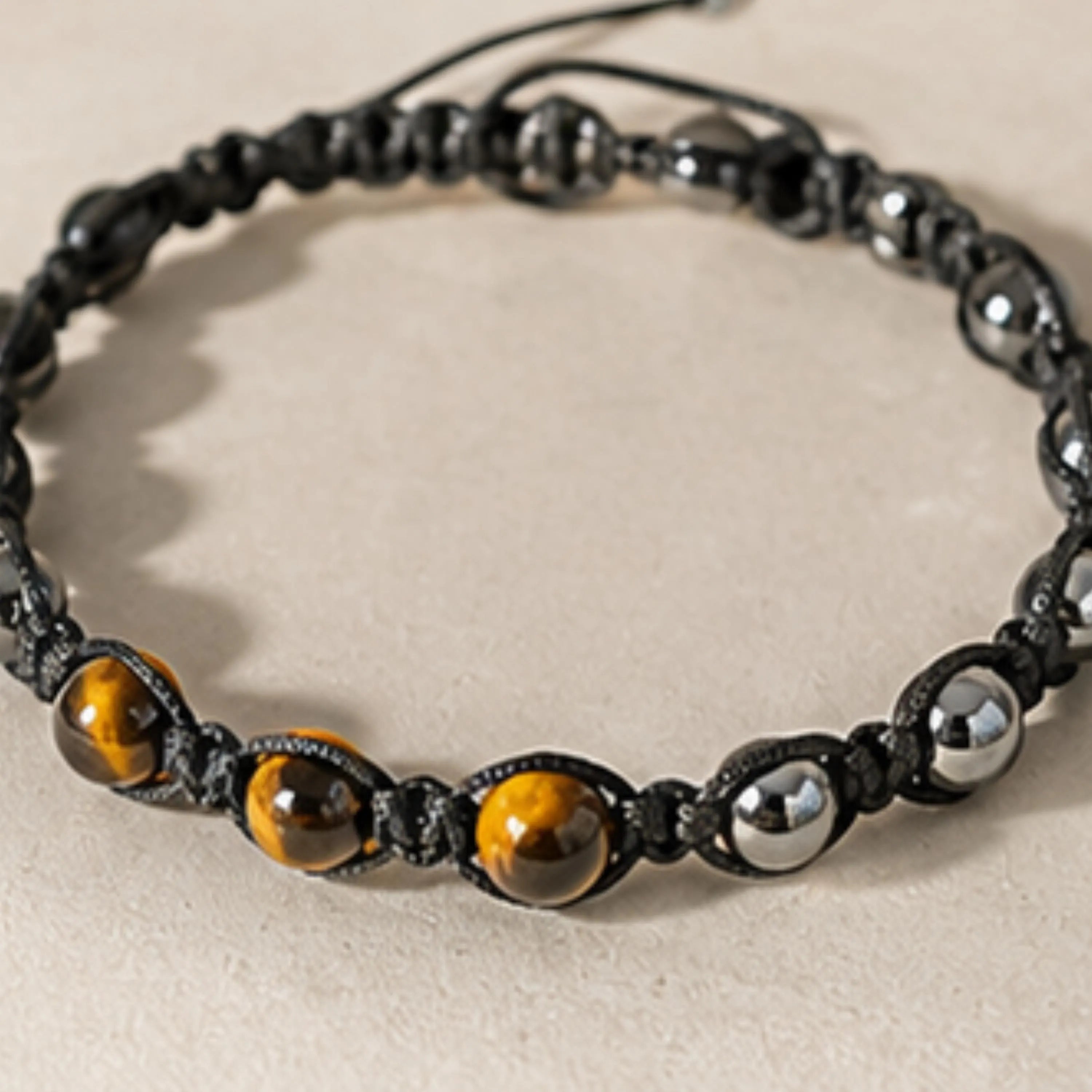 Tiger Eye Hematite Beaded Bracelet | Adjustable Natural Gemstone Protection Jewelry