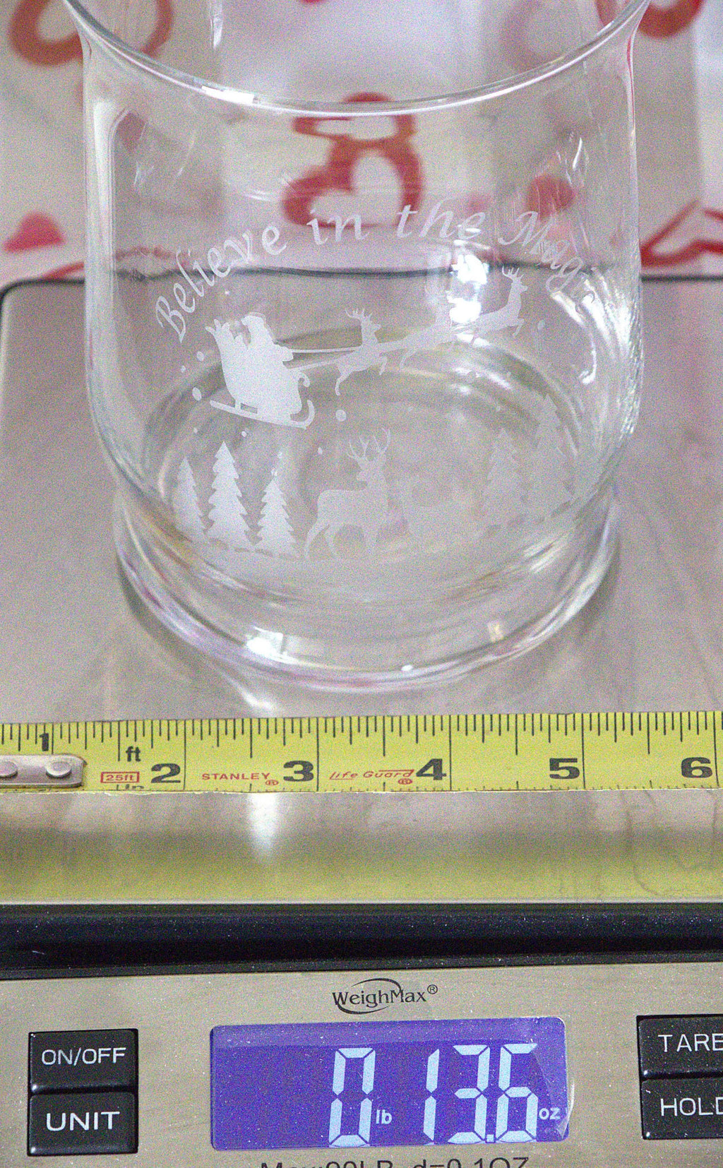 Handmade Frosted Glass Christmas Vase: Etched Santa and Reindeer