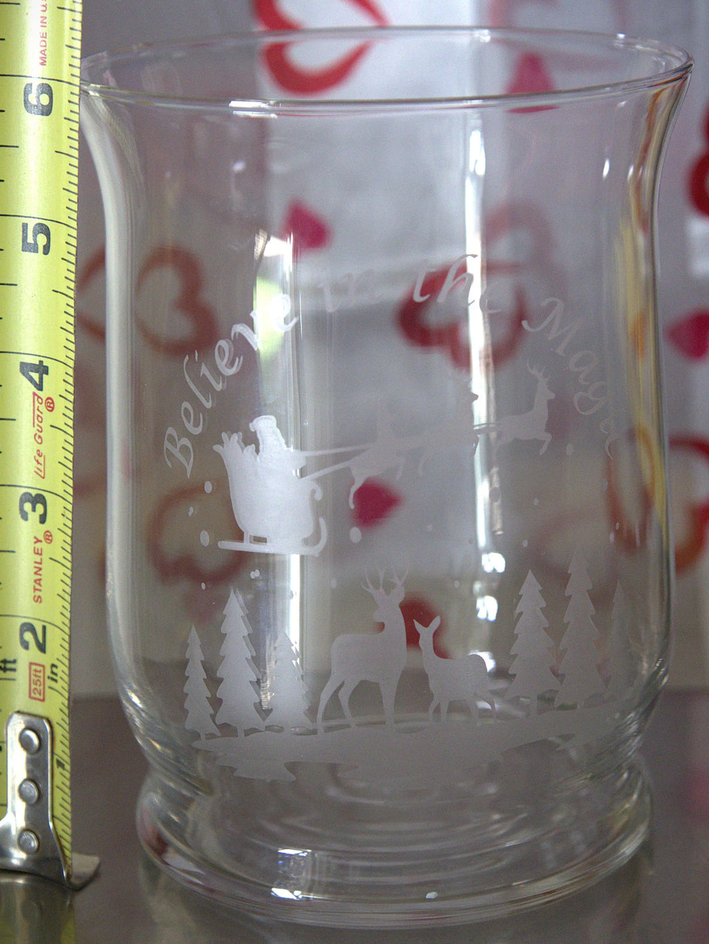 Handmade Frosted Glass Christmas Vase: Etched Santa and Reindeer