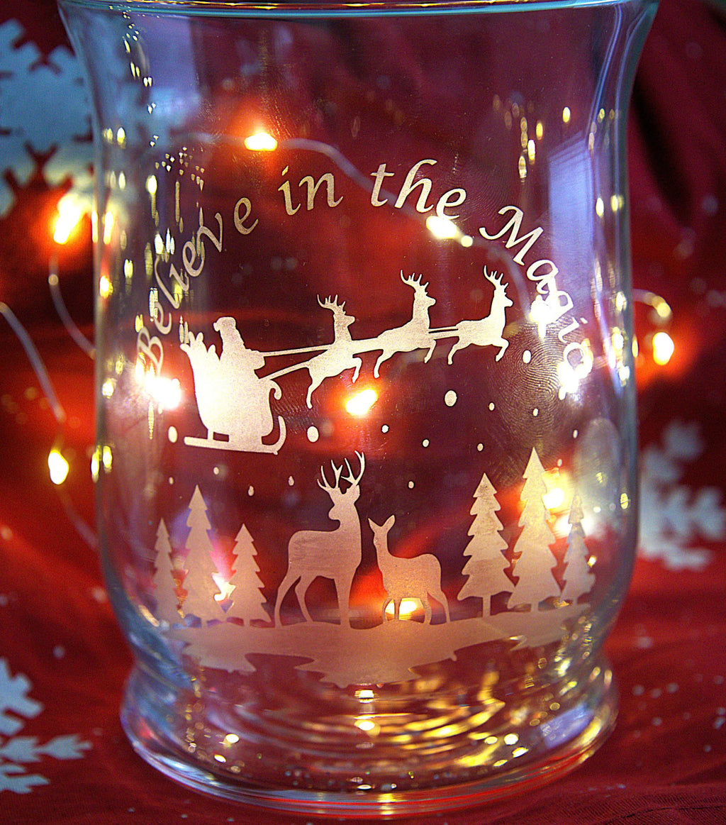 Handmade Frosted Glass Christmas Vase: Etched Santa and Reindeer