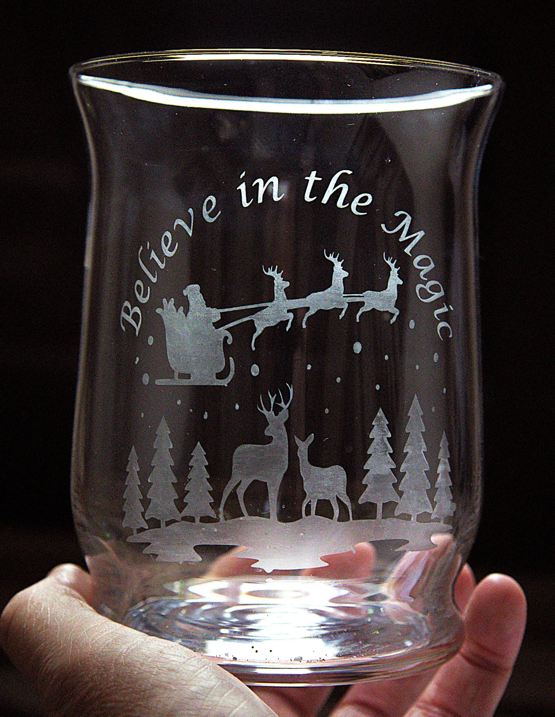 Handmade Frosted Glass Christmas Vase: Etched Santa and Reindeer