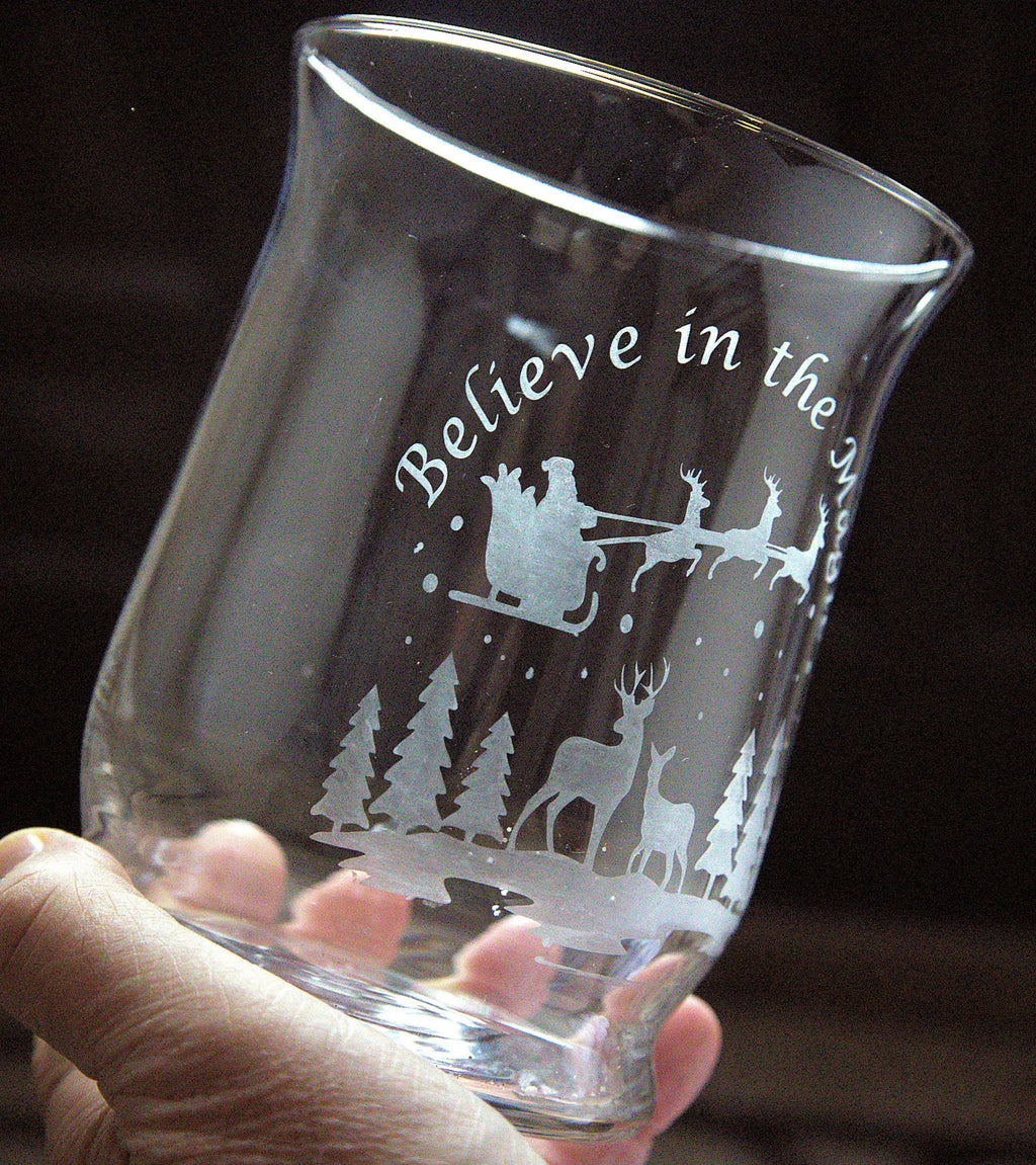 Handmade Frosted Glass Christmas Vase: Etched Santa and Reindeer