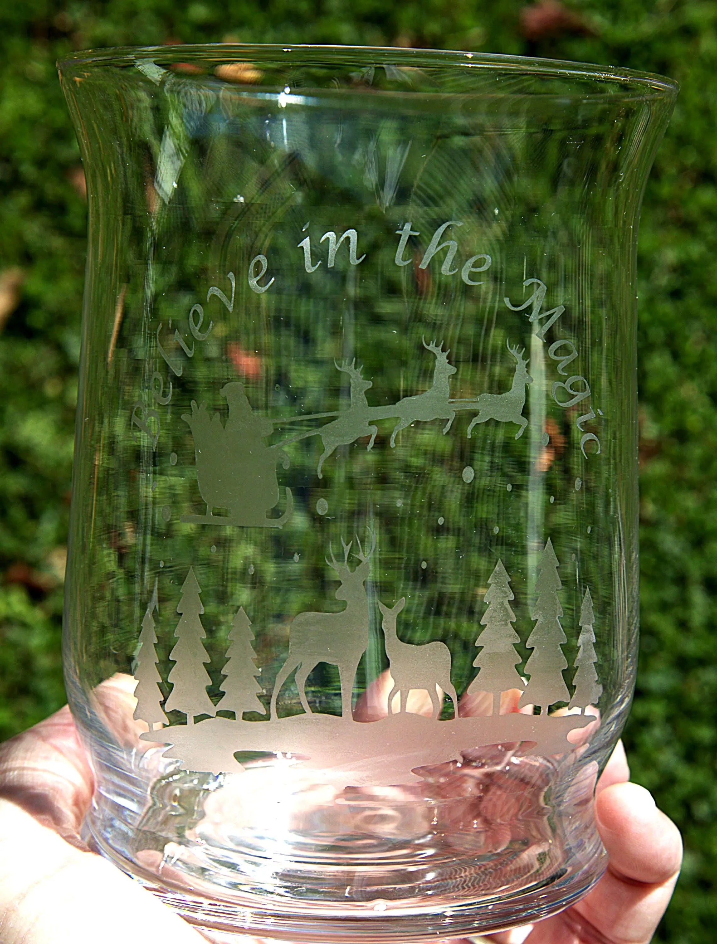 Handmade Frosted Glass Christmas Vase: Etched Santa and Reindeer