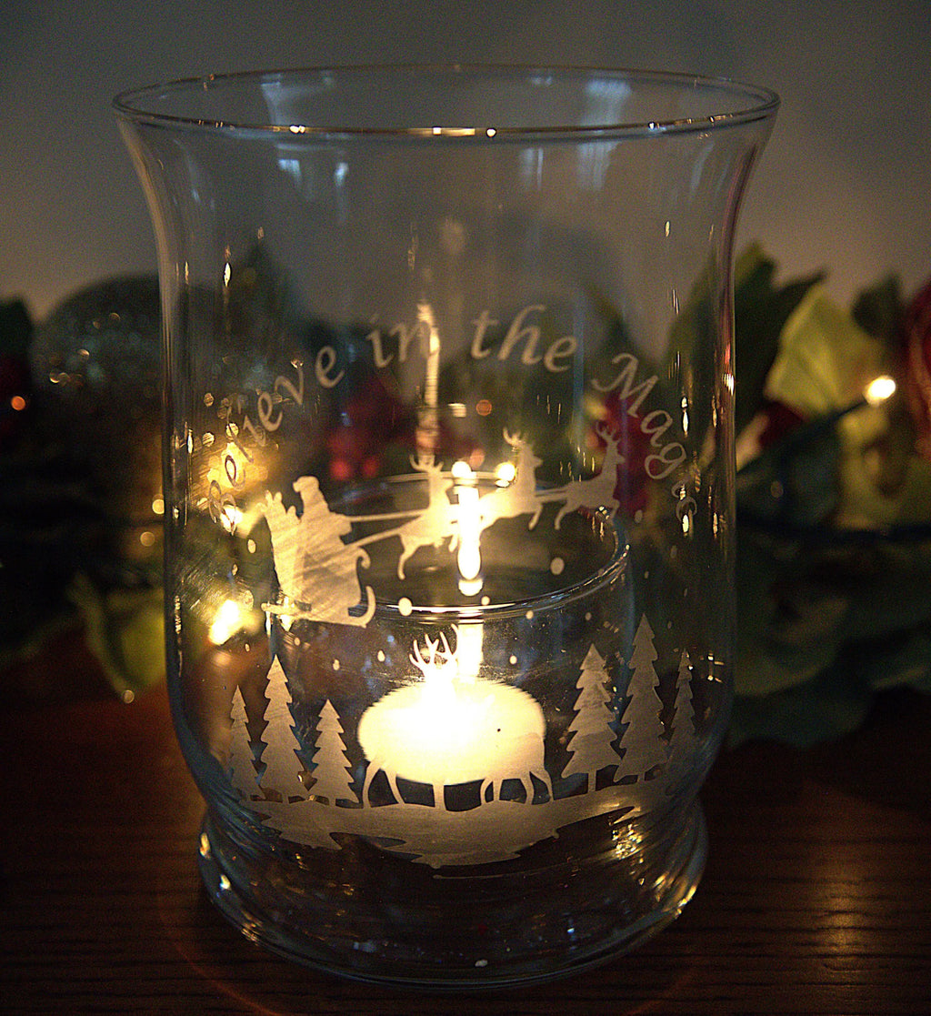 Handmade Frosted Glass Christmas Vase: Etched Santa and Reindeer