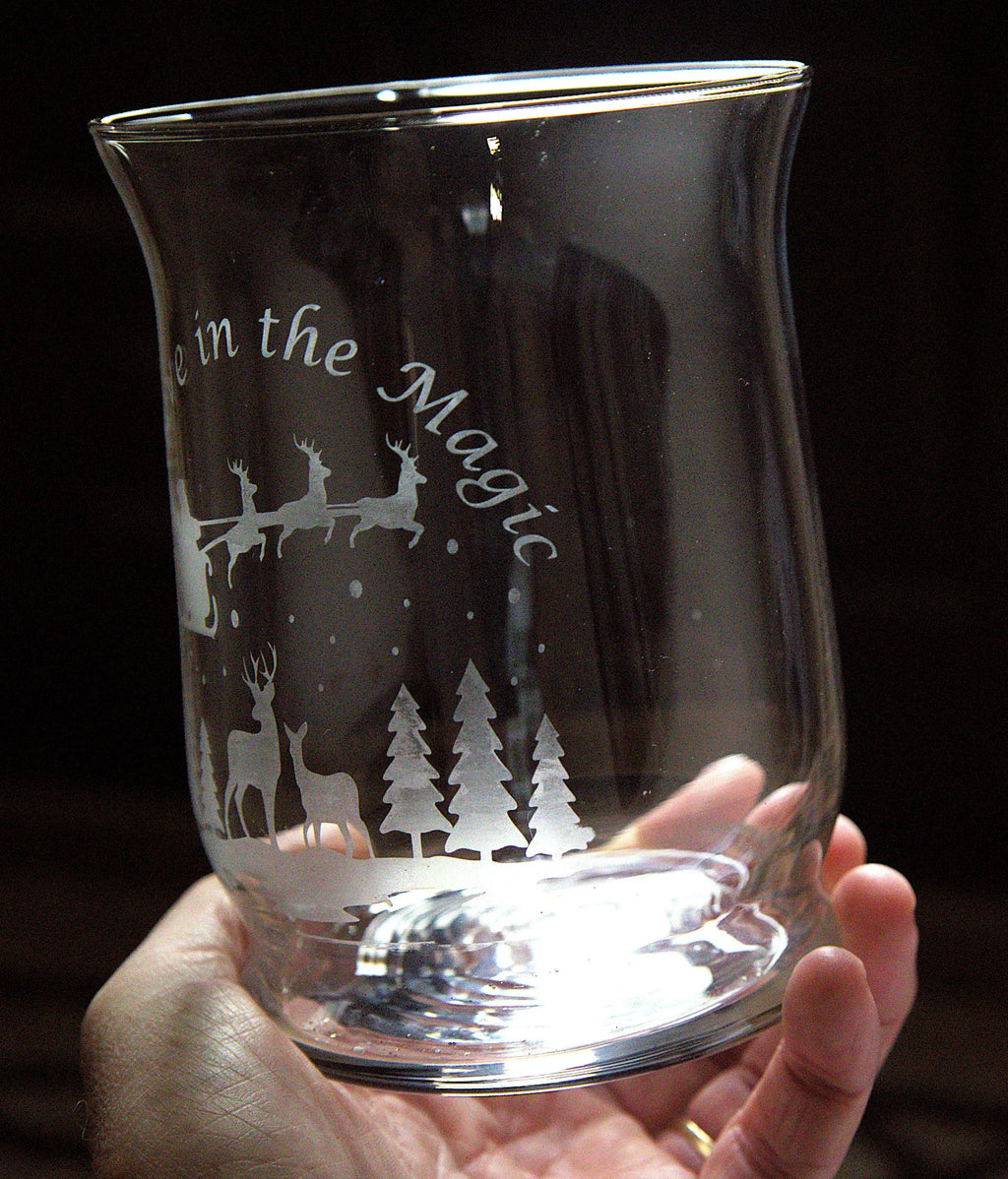 Handmade Frosted Glass Christmas Vase: Etched Santa and Reindeer