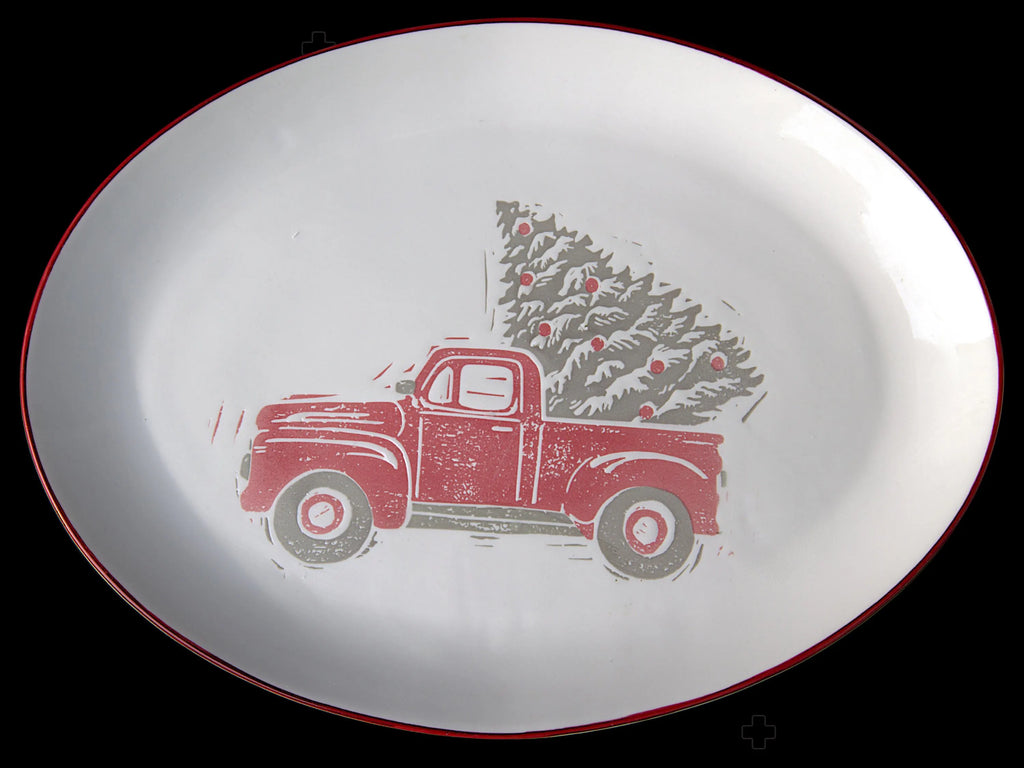 Christmas Cookie Platter Gift Set with Red Truck Decor | Holiday Serving Tray, Cocoa Mugs, Christmas Notepad, Farmhouse Christmas Gift