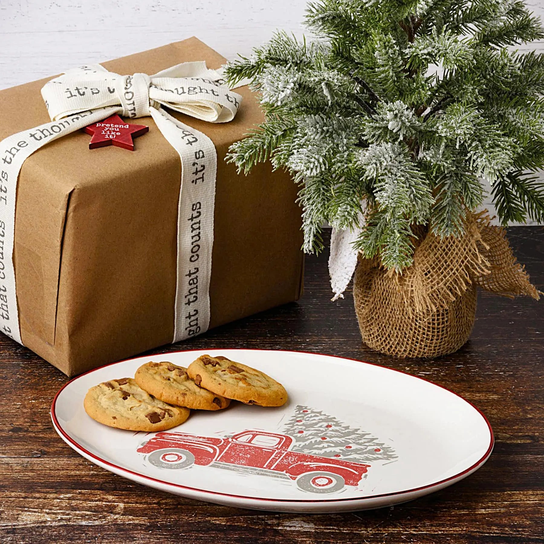 Christmas Cookie Platter Gift Set with Red Truck Decor | Holiday Serving Tray, Cocoa Mugs, Christmas Notepad, Farmhouse Christmas Gift