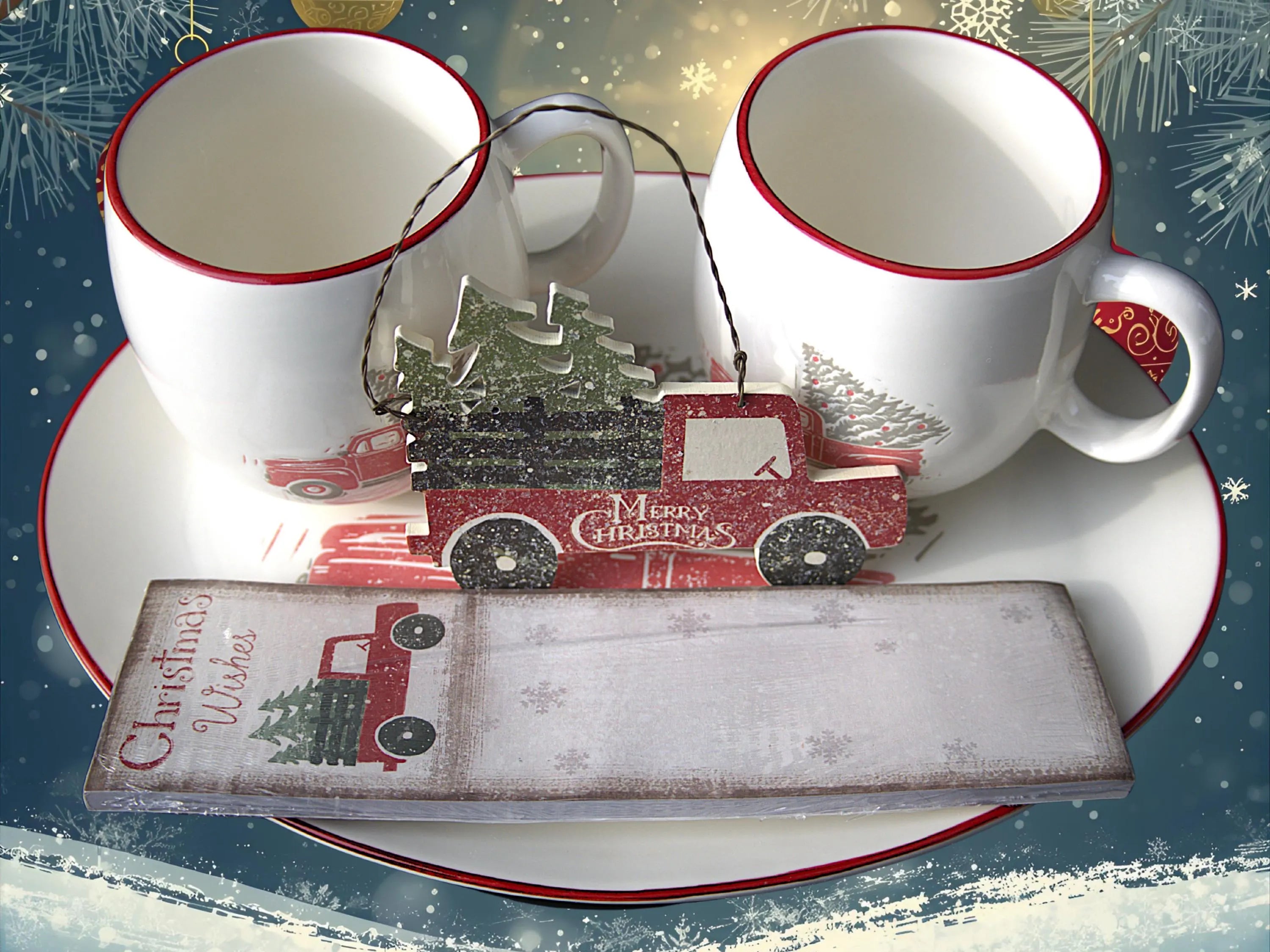 Christmas Cookie Platter Gift Set with Red Truck Decor | Holiday Serving Tray, Cocoa Mugs, Christmas Notepad, Farmhouse Christmas Gift