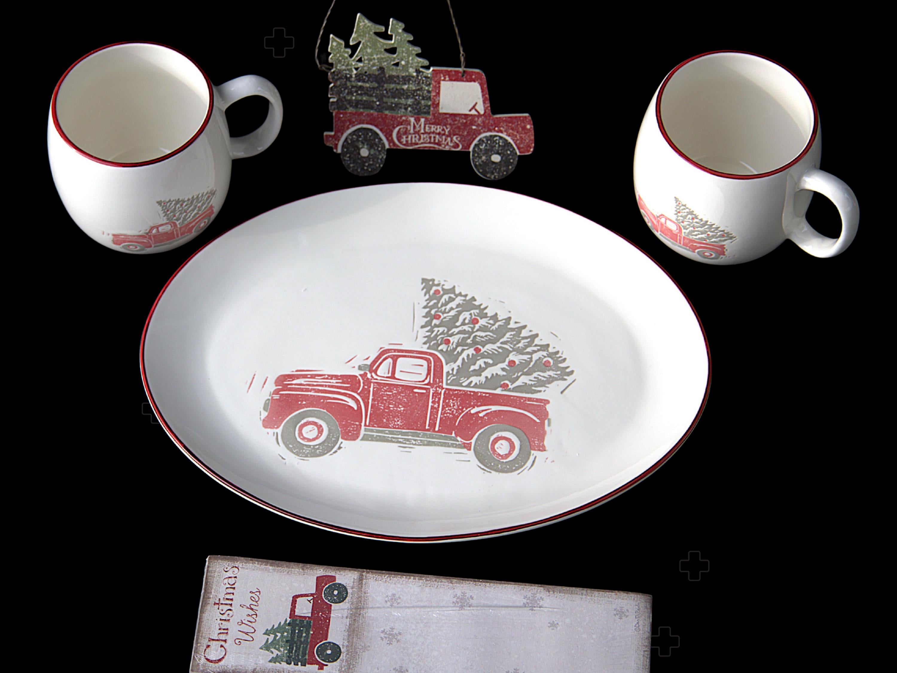 Christmas Cookie Platter Gift Set with Red Truck Decor | Holiday Serving Tray, Cocoa Mugs, Christmas Notepad, Farmhouse Christmas Gift
