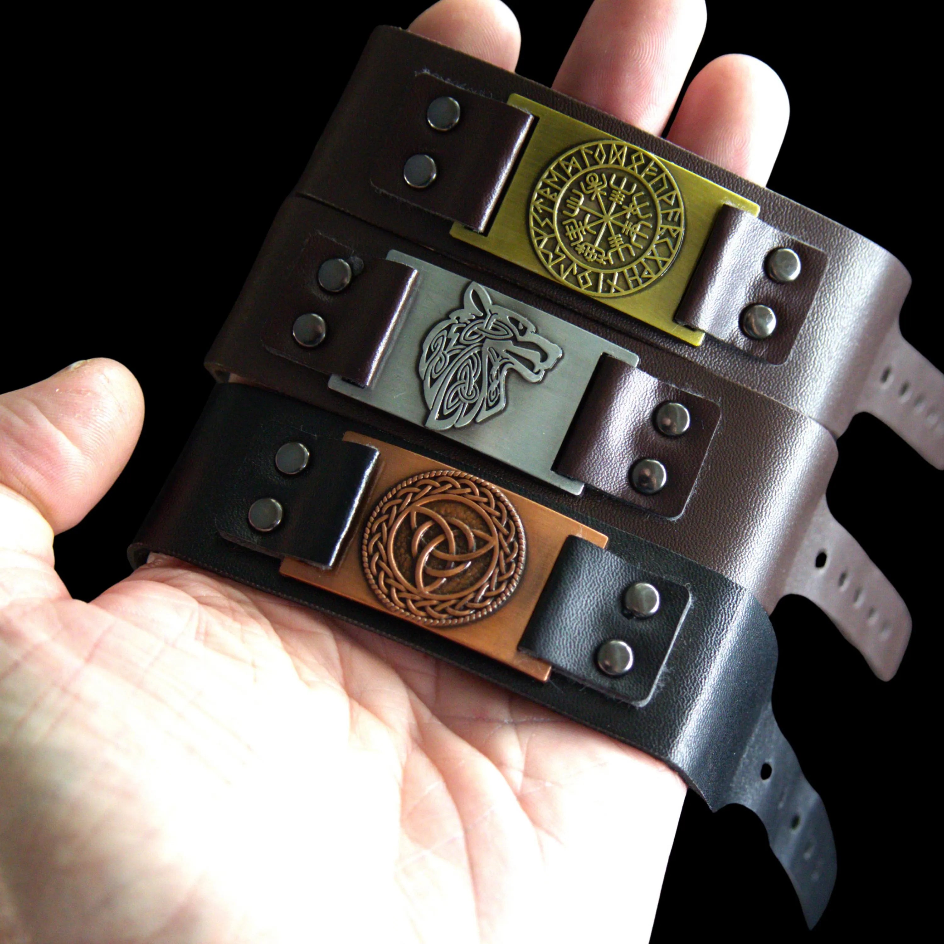 Handcrafted Engraved Vegan Leather Viking Bracelet – Vegvisir, Celtic Knot, Wolf