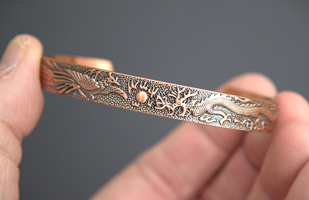 Handcrafted Magnetic Copper Bracelet, Phoenix Dragon Engraving, Antique Cuff, Feng Shui Jewelry